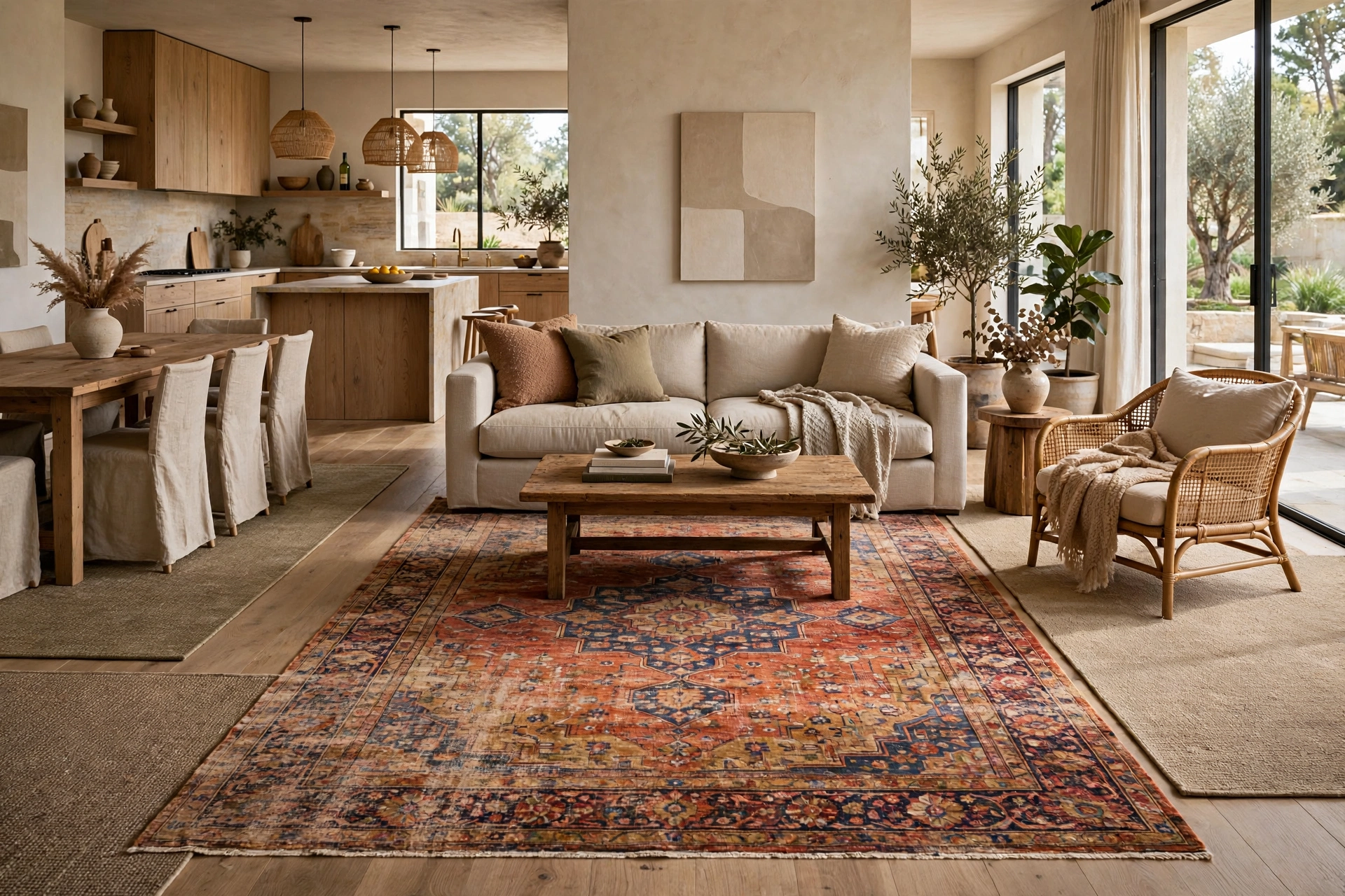 Area rug open floor plan ideas: vintage-style Persian rug as the character piece in an open-plan living zone with quieter surrounding rugs