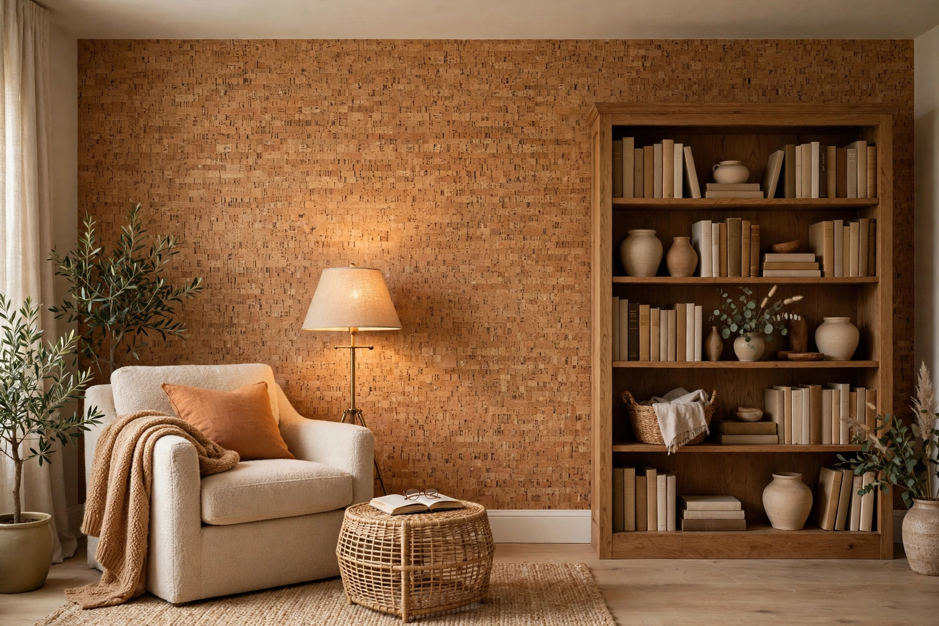 textured wallpaper ideas: family room reading corner with natural cork textured wallpaper showing speckled granular bark texture in warm honey tones, armchair and reading lamp