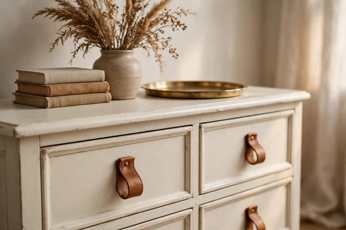 Caramel leather decor ideas: close-up of caramel leather drawer pulls on a cream dresser