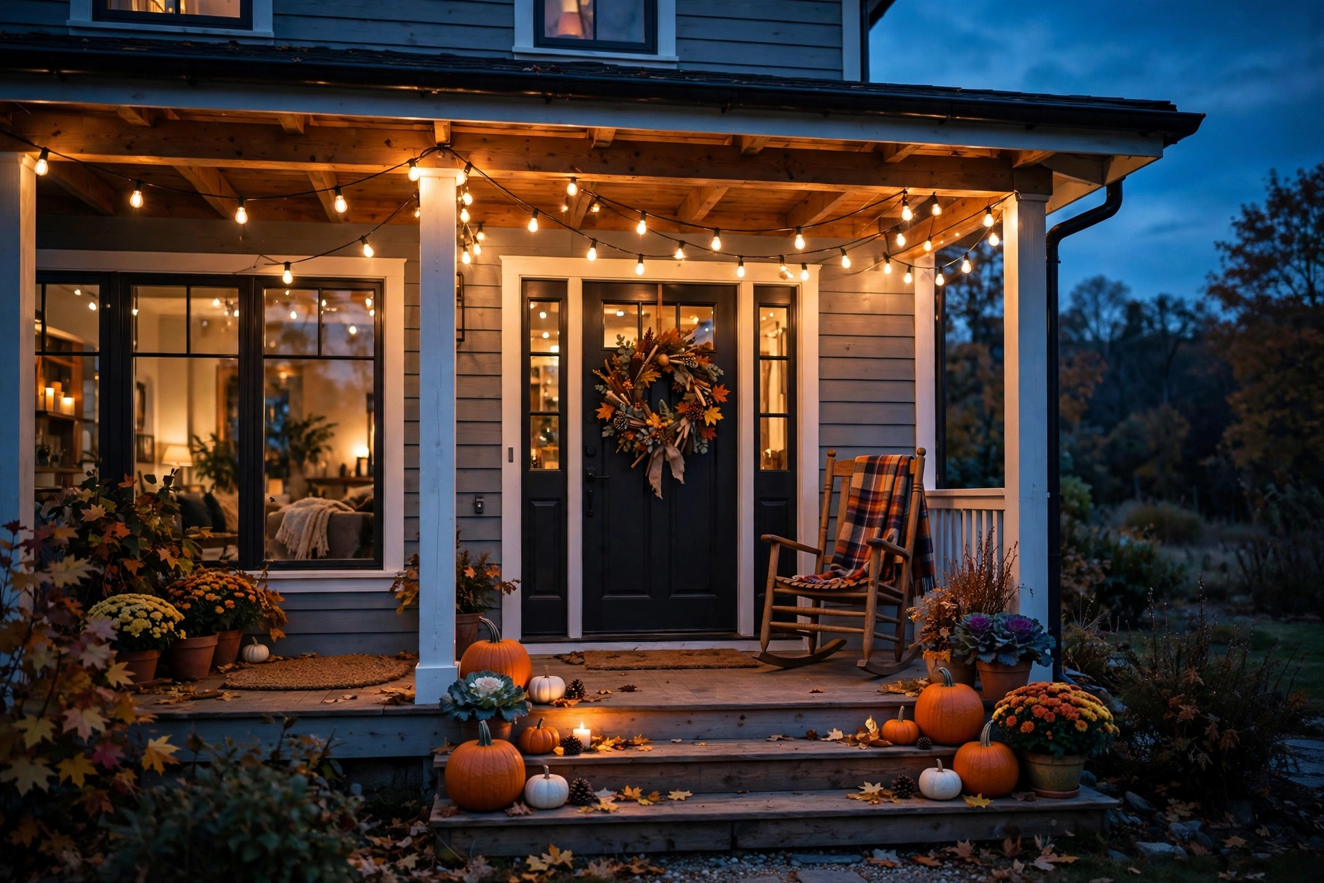 Fall front door decor ideas with warm string lights glowing over the porch at dusk