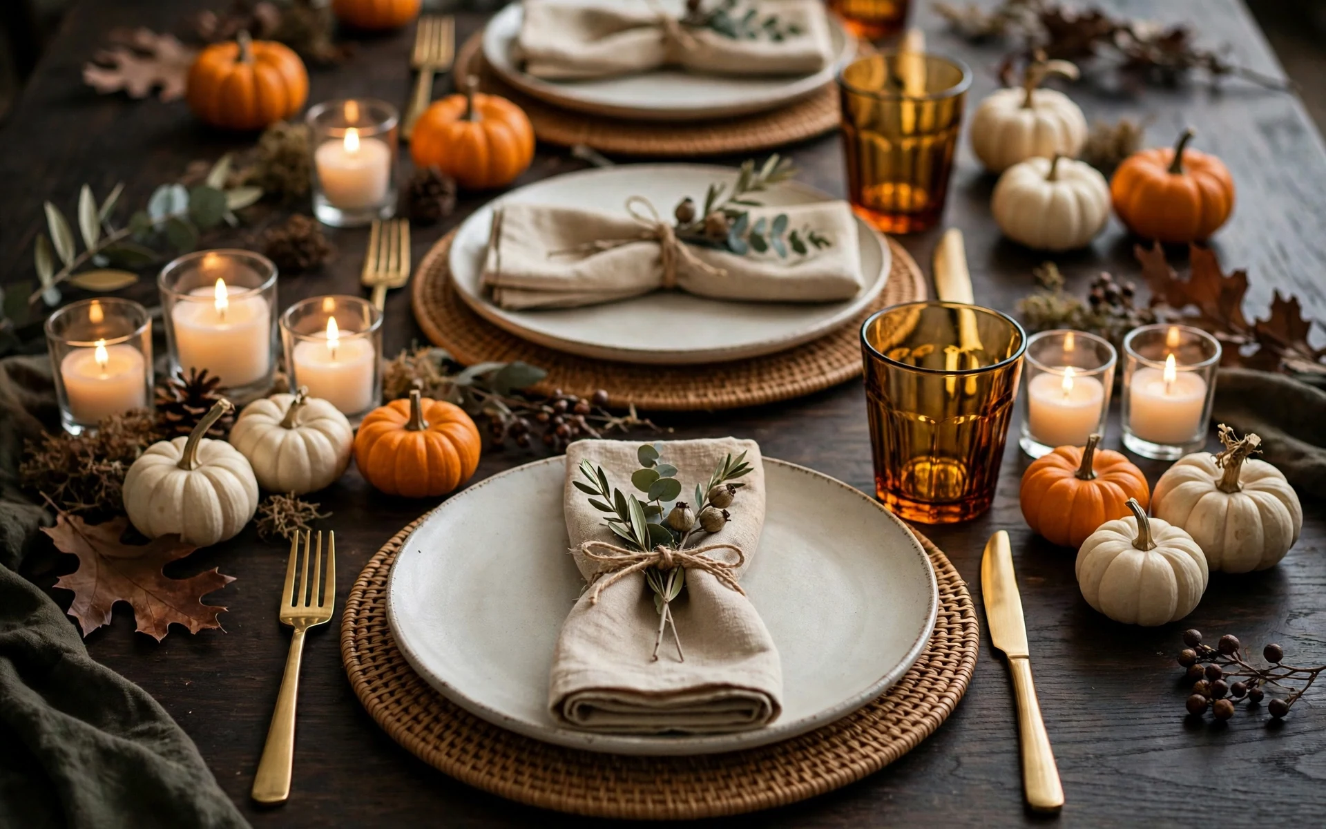 Family friendly halloween table setting ideas with mini pumpkins and amber tumblers