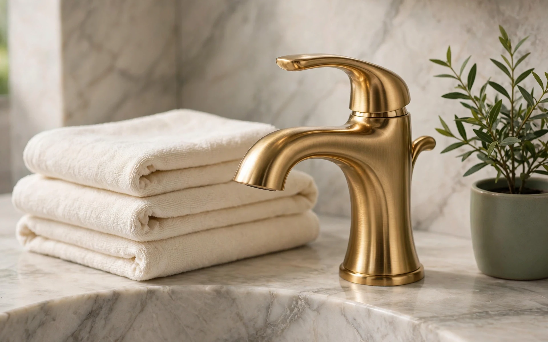 Gold bathroom fixtures ideas with a gold faucet being styled beside folded towels and a plant