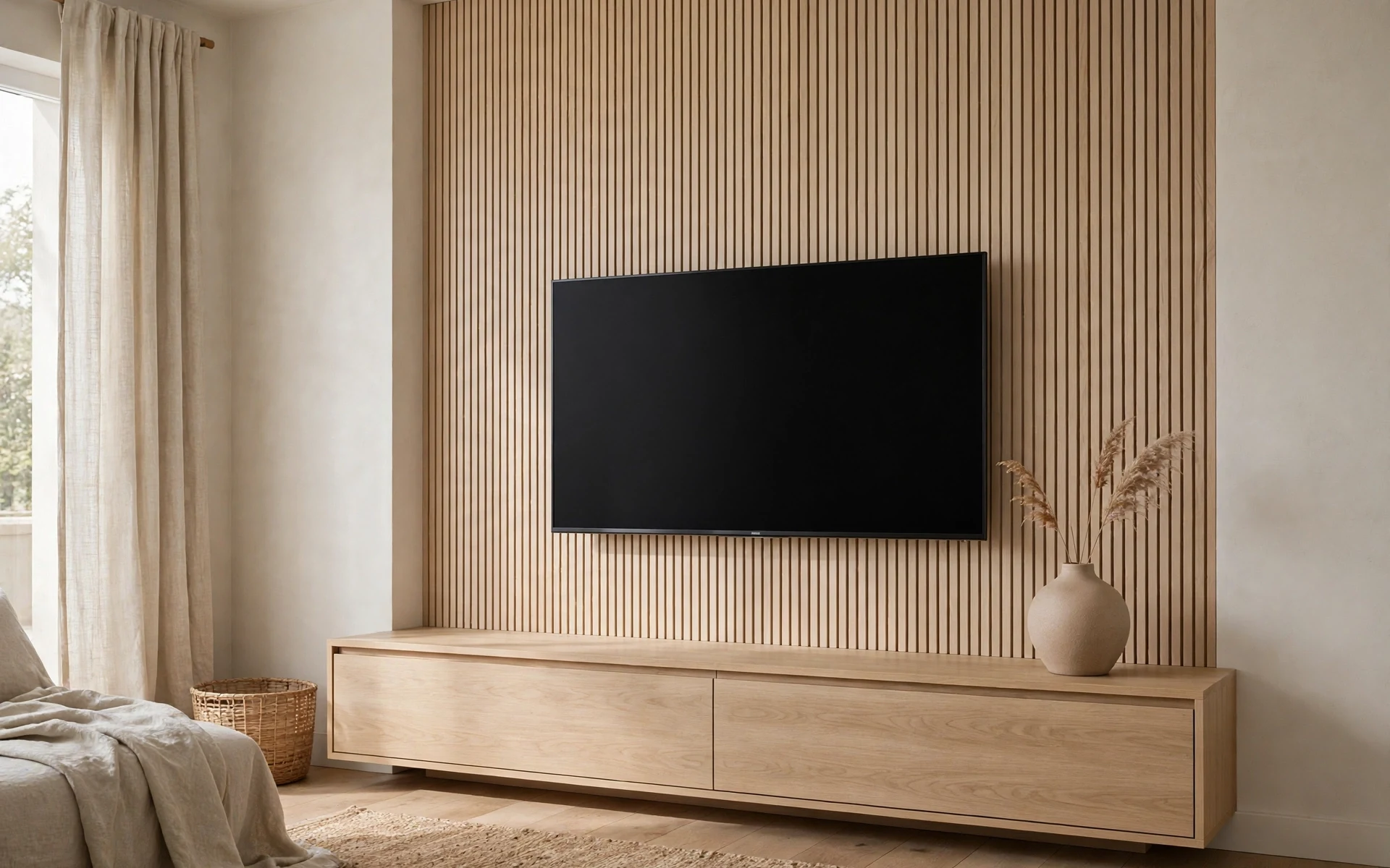 Low oak credenza and wall mounted television in japandi living room ideas for a quiet media wall