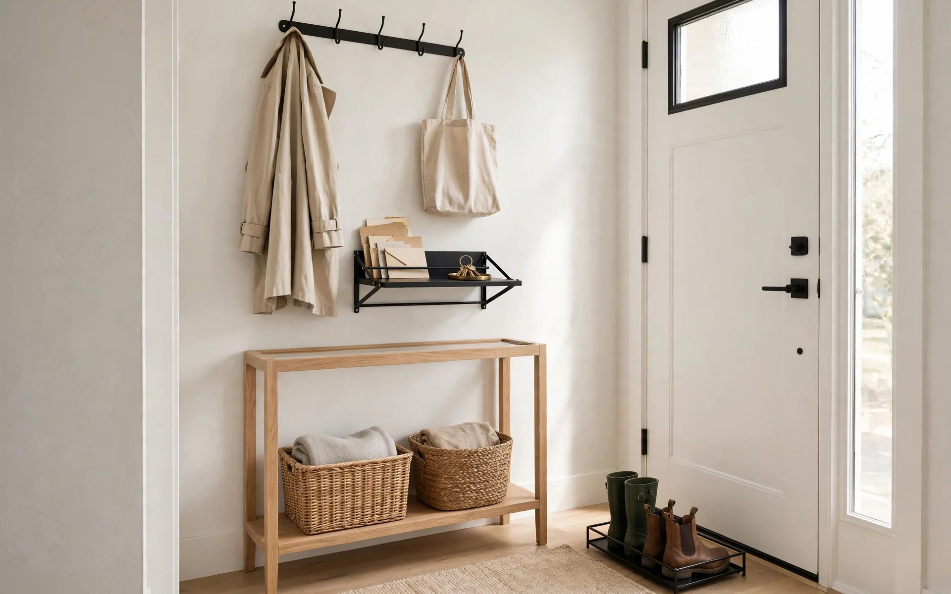 Slim console table with hook rail and boot tray forming a tiny entryway mudroom, compact mudroom ideas