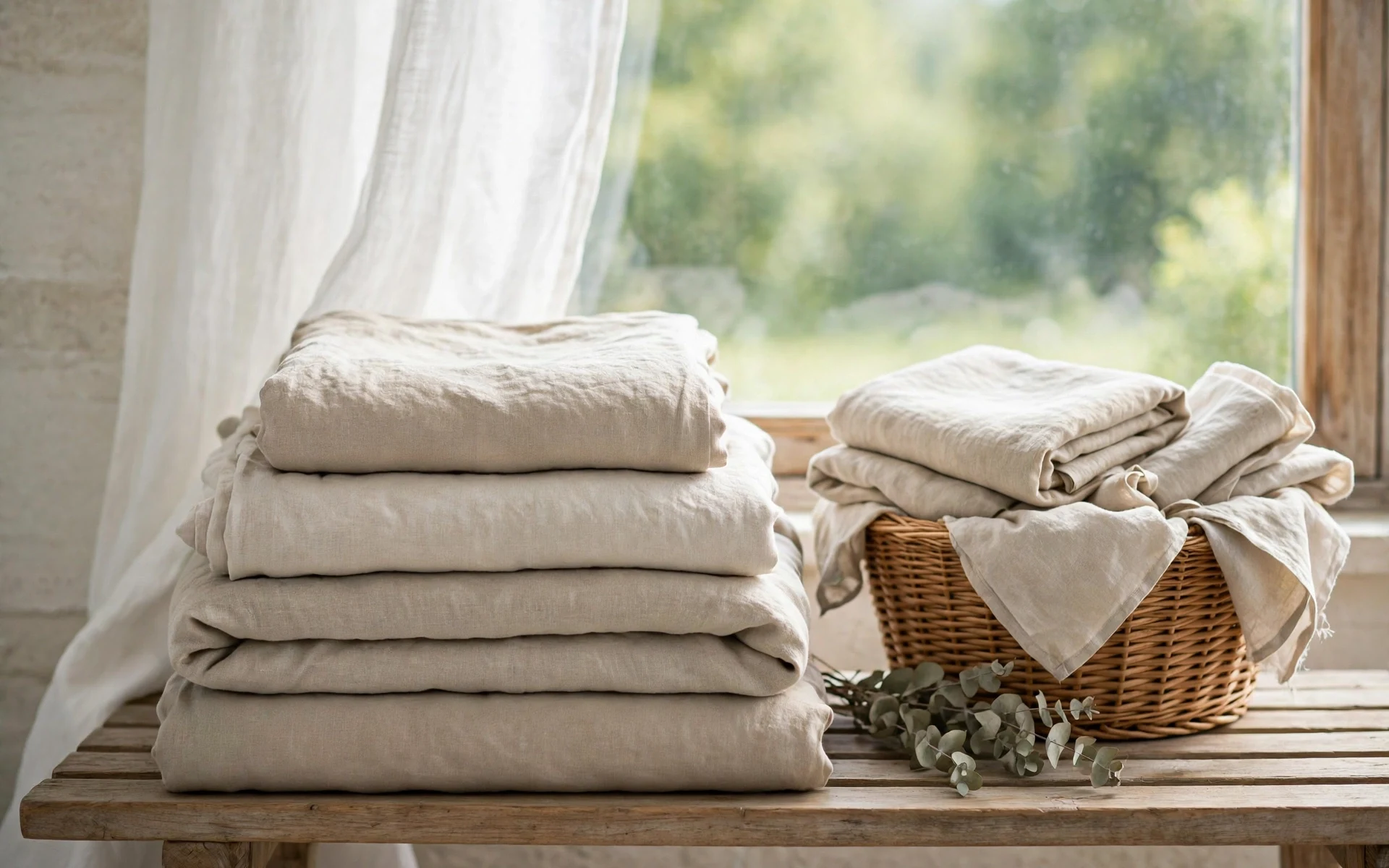 Linen bedding ideas for simple care with a folded stack of washed linen sheets and duvet covers in natural colors