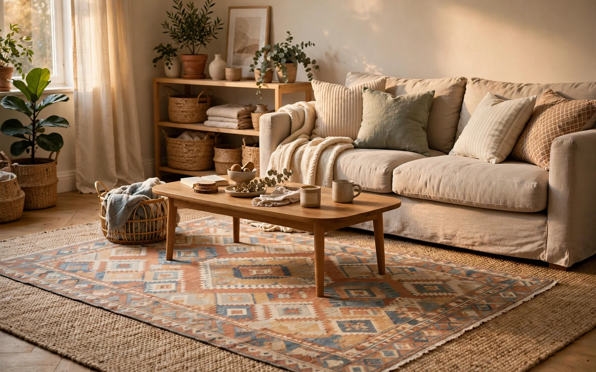 Washable rug layering ideas with a patterned washable top rug over a neutral base rug in a family living room