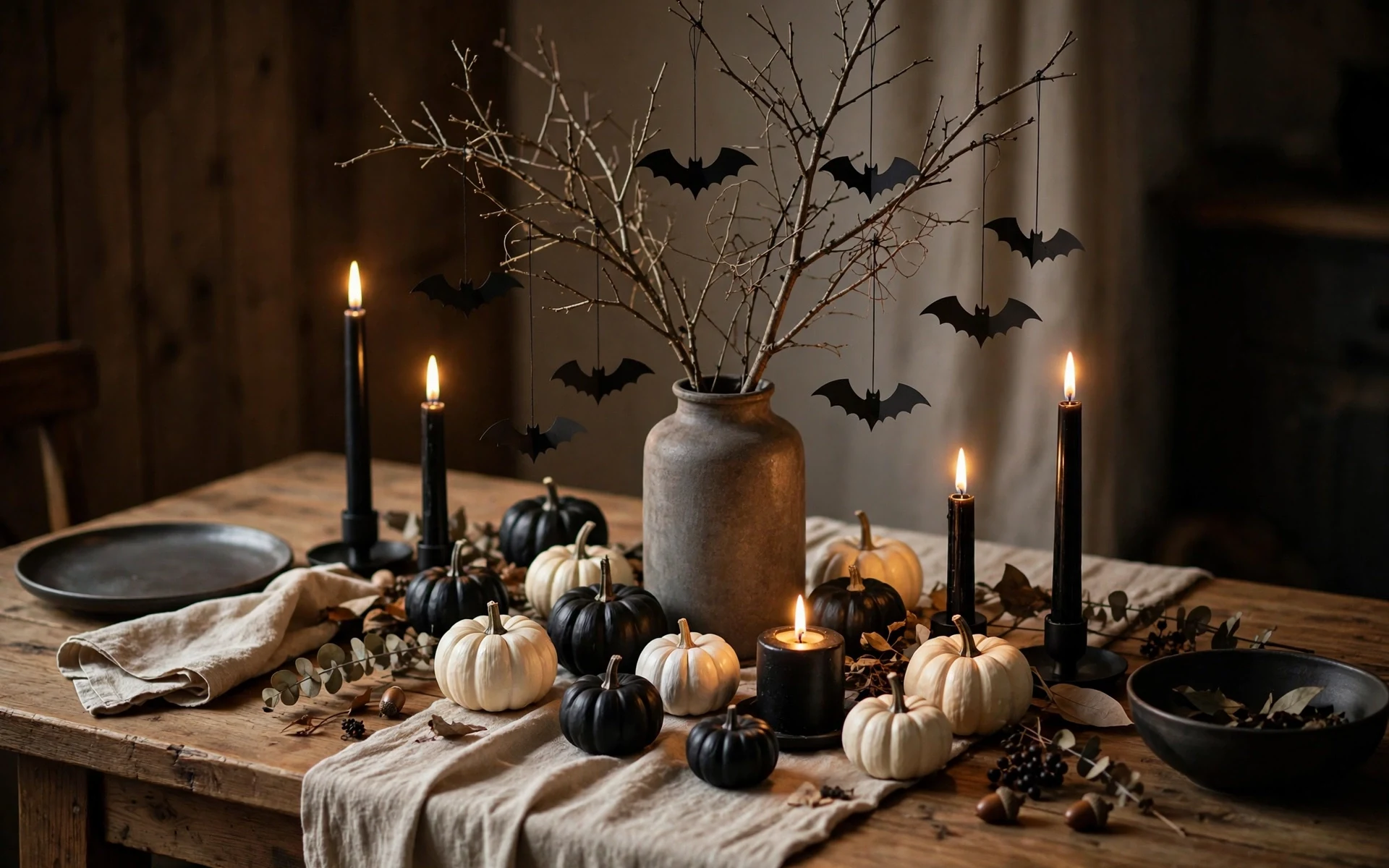 Dining table with branch centerpiece, paper bats and candles as diy halloween decor ideas for a party
