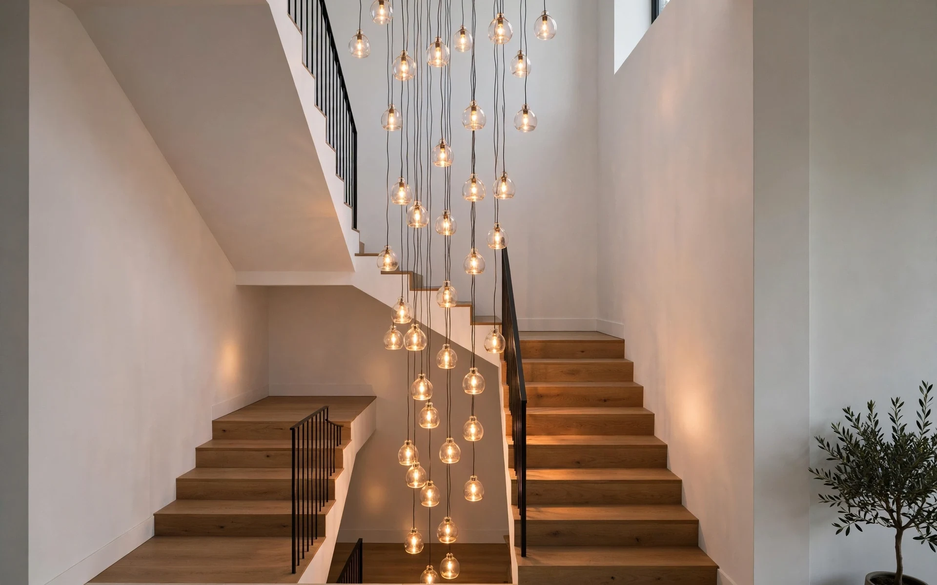 Staircase statement lighting ideas with a cascade of glass pendants at staggered heights in a stairwell