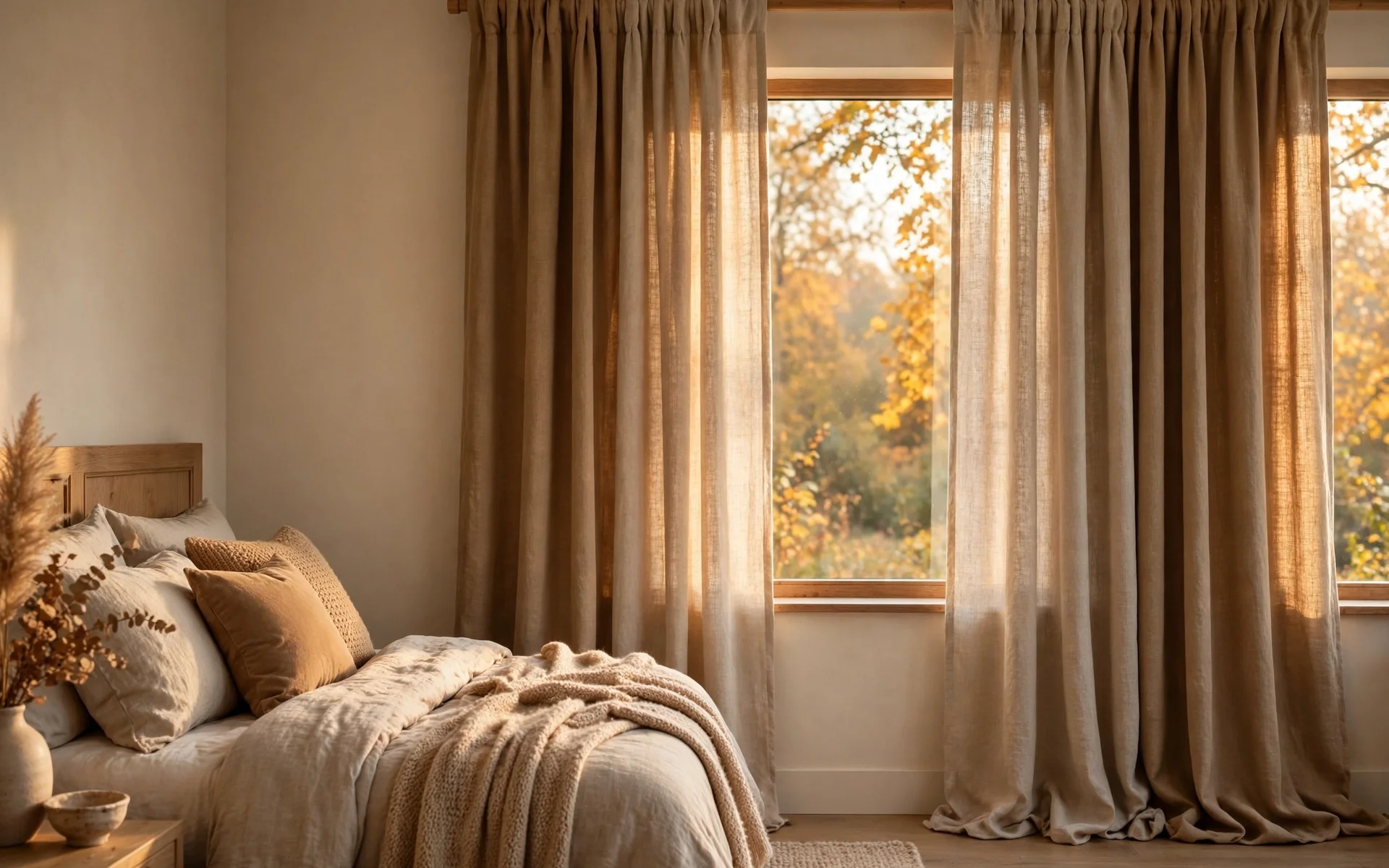 Fall bedroom decor ideas featuring heavy warm-toned linen curtains