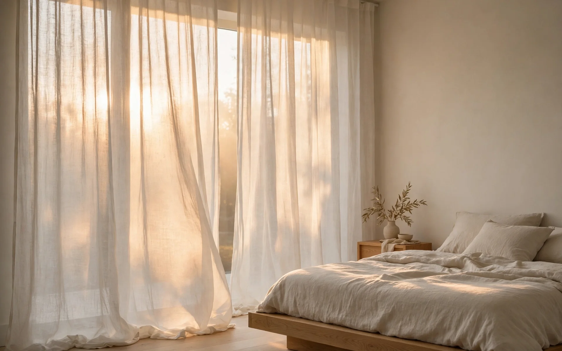 Warm minimalist bedroom ideas with sheer linen curtains filtering morning light