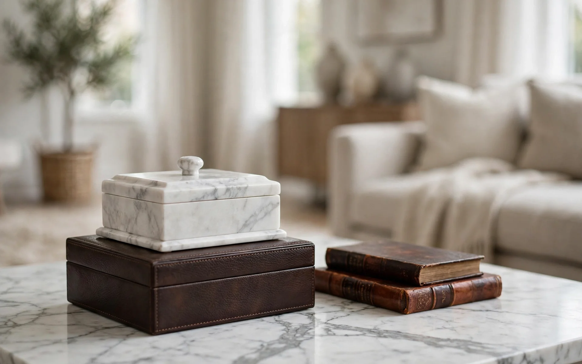 Marble coffee table ideas with decorative marble and leather boxes beside books