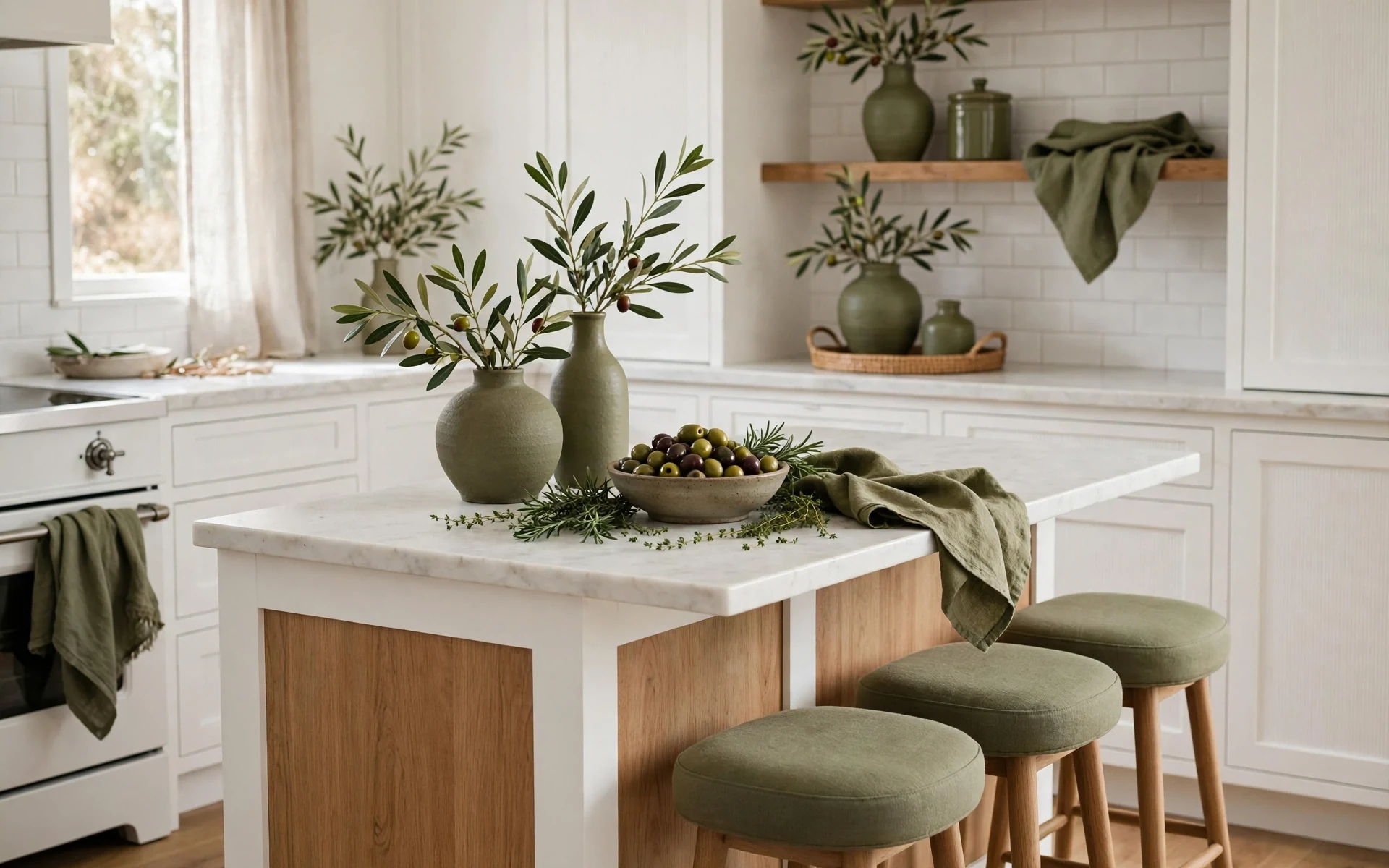 Low-commitment olive green kitchen ideas using olive towels, ceramics and stools in a white kitchen