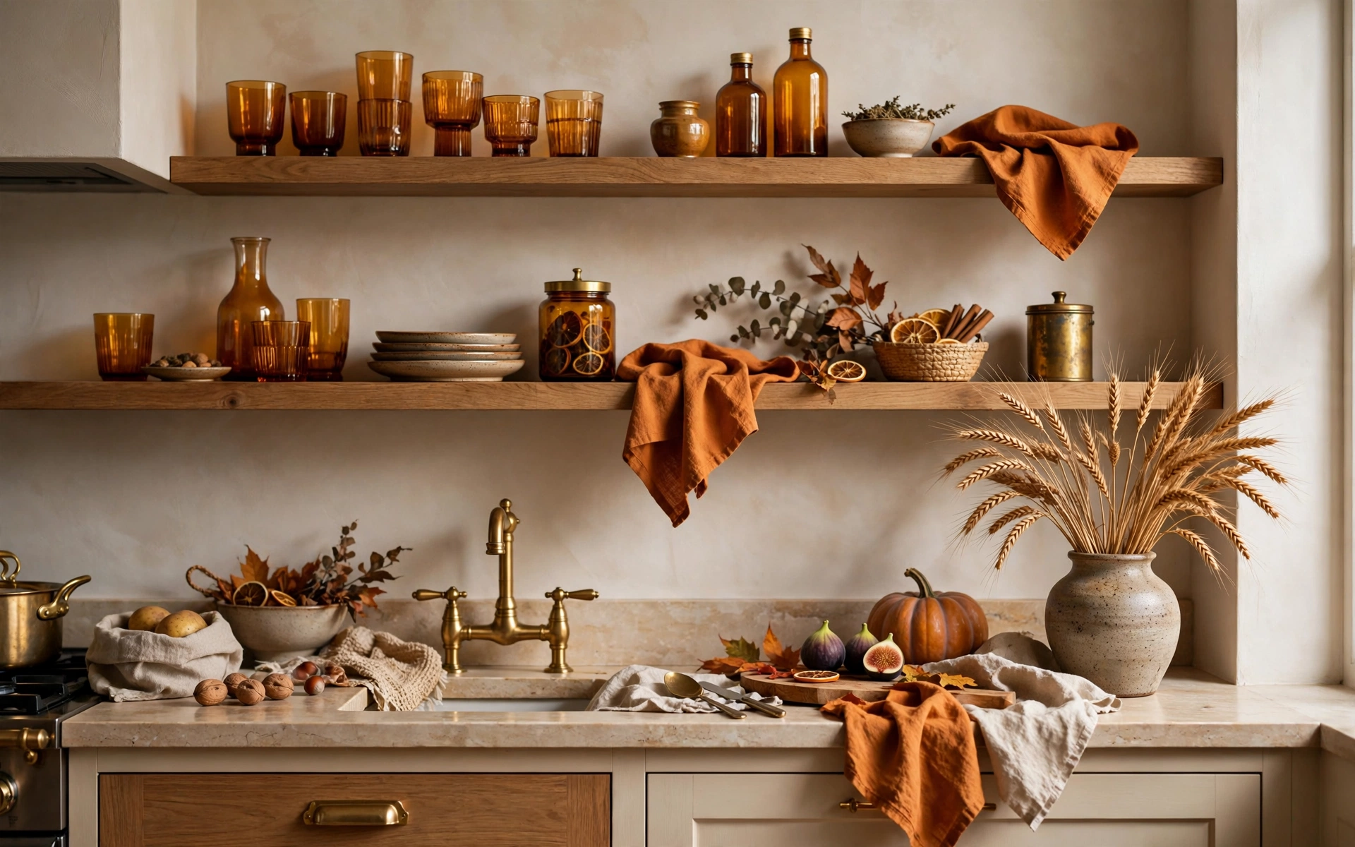 Open shelf kitchen ideas with an autumn refresh of amber glass, wheat stems, and warm linens