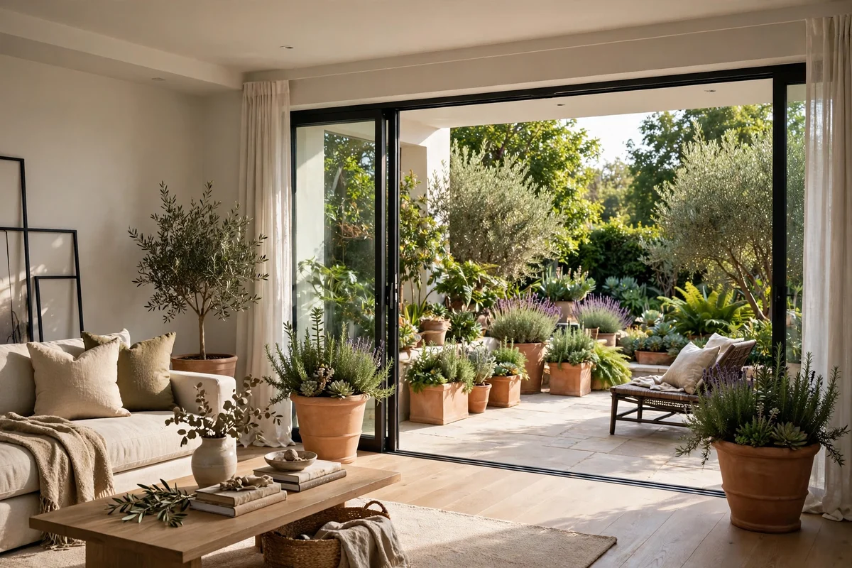 Biophilic decor ideas — open sliding glass doors blurring a living room into a planted patio garden