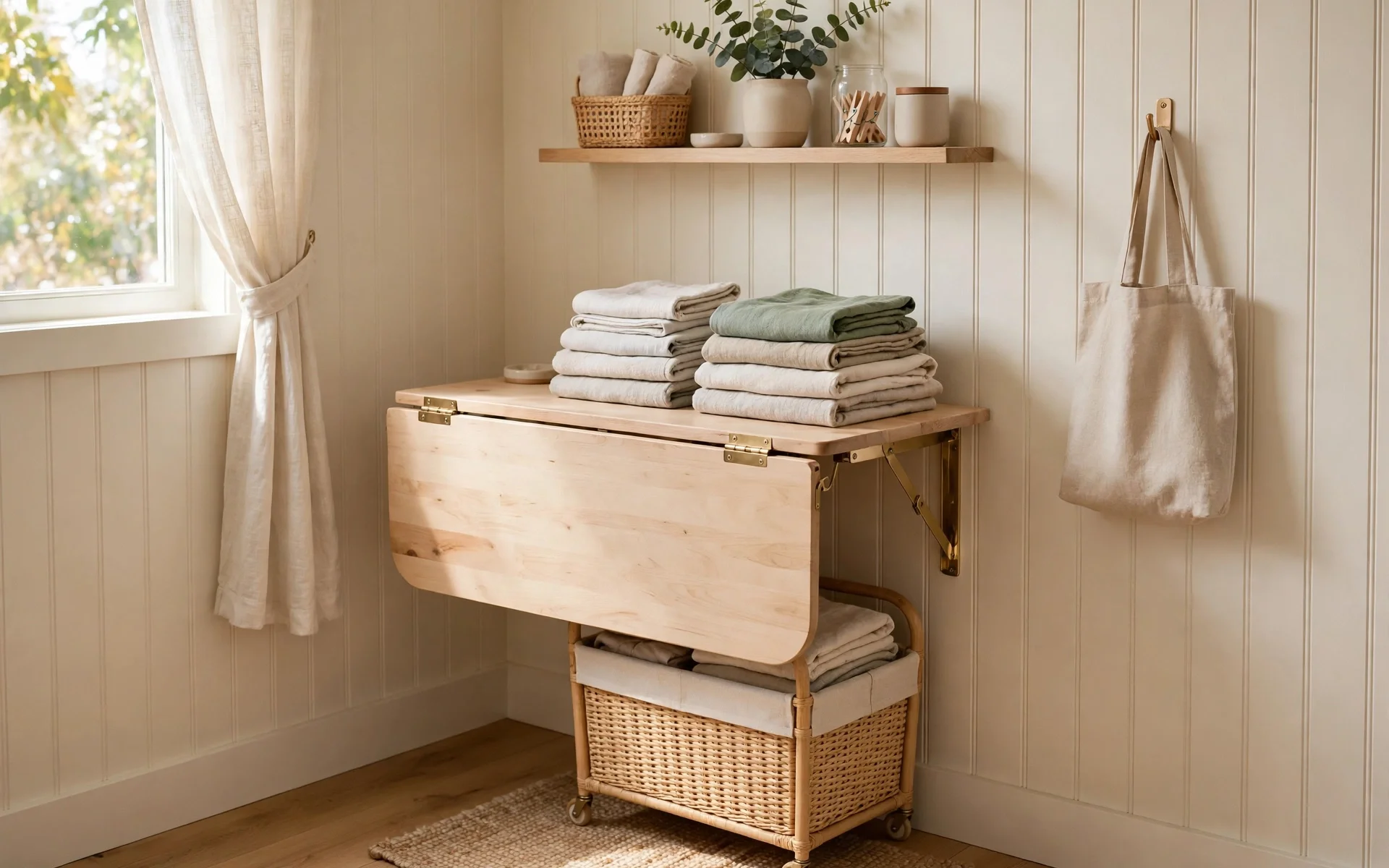 Wall-mounted drop-leaf folding table with folded clothes in a laundry nook, cozy small laundry room ideas