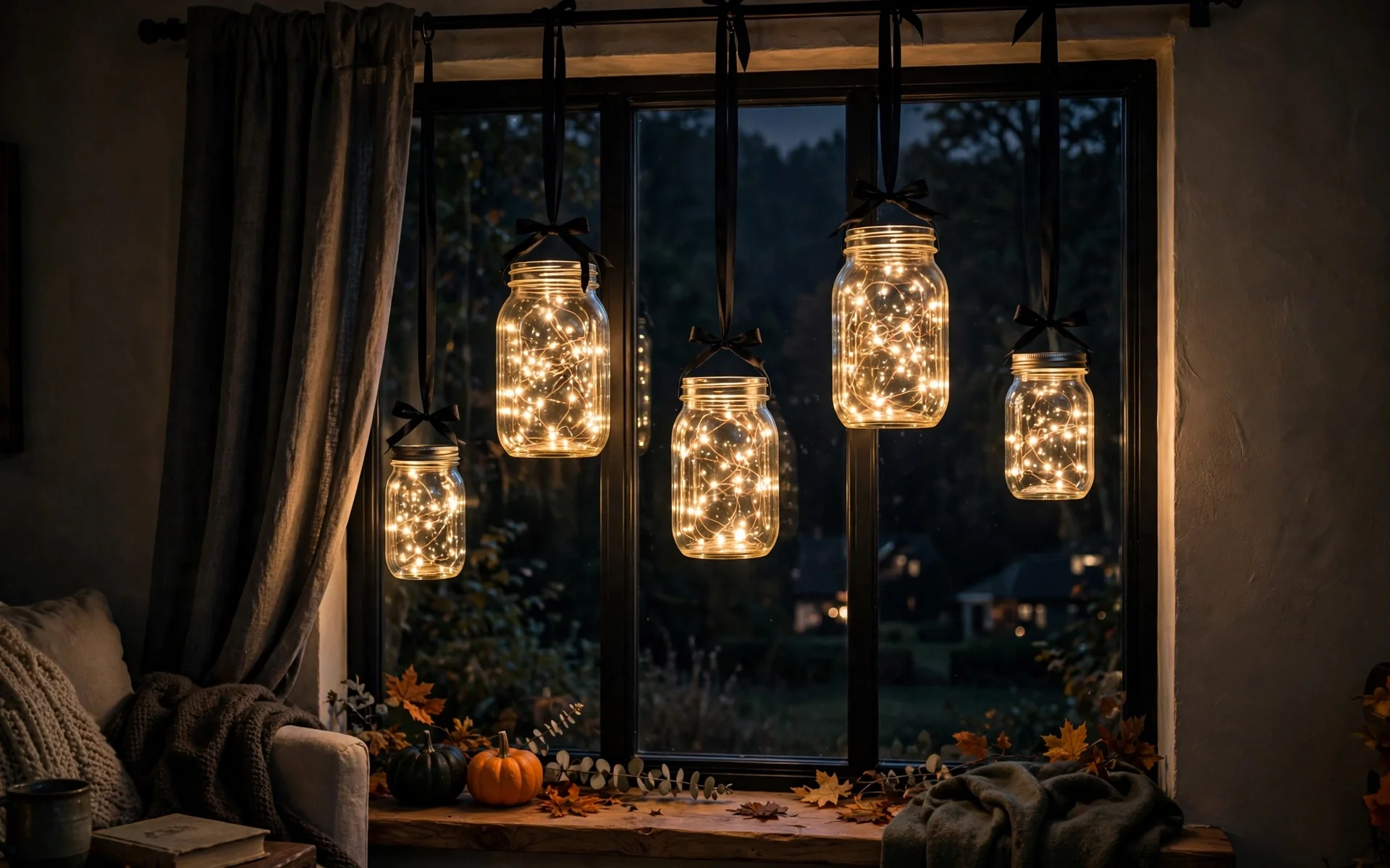 Halloween window decor ideas with hanging mason-jar lanterns glowing at mixed heights in a tall window