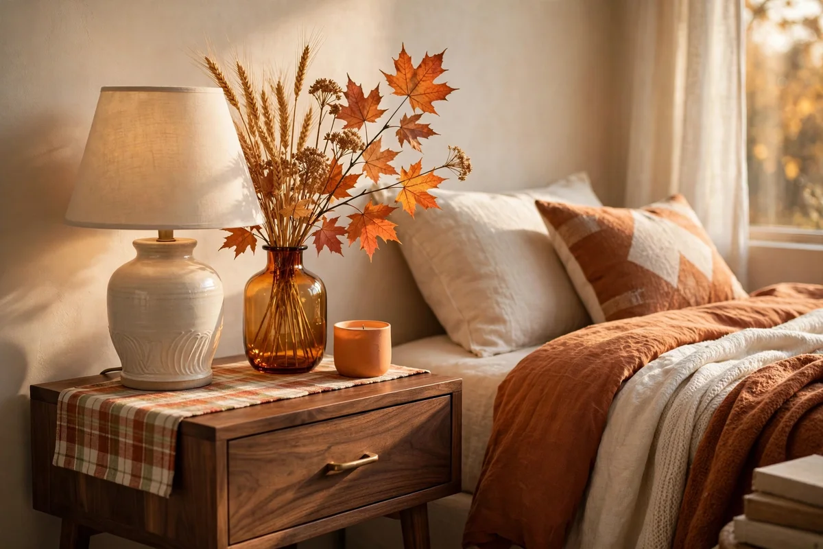 Bedside table styling ideas refreshed for fall with dried wheat stems and an amber candle
