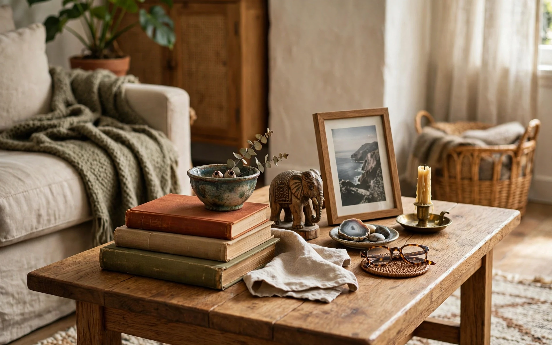 Personal coffee table styling ideas with a framed photo, travel souvenir sculpture and vintage bowl