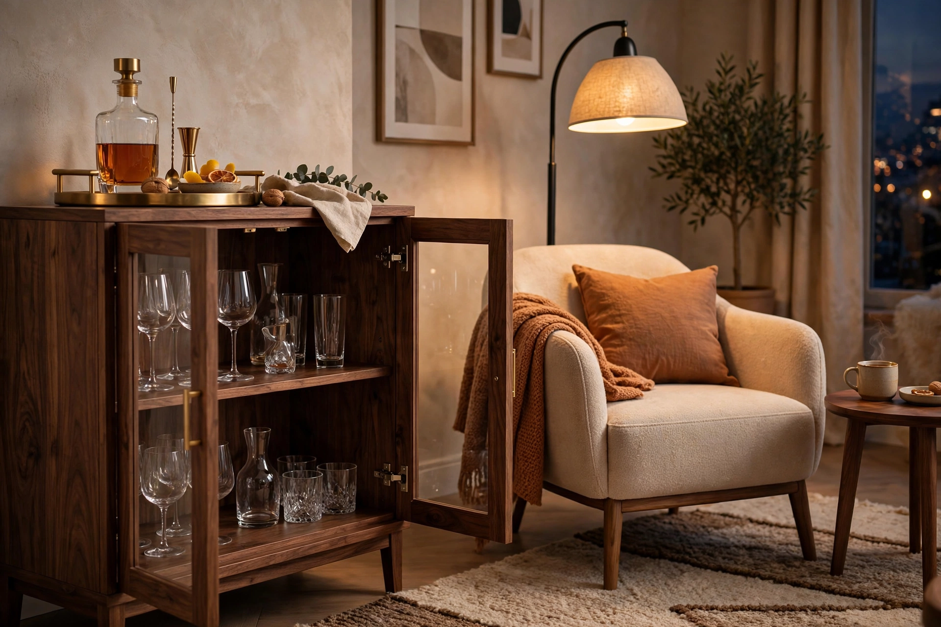 Small-scale rattan decor ideas with a rattan lampshade, woven planters and frames on shelves