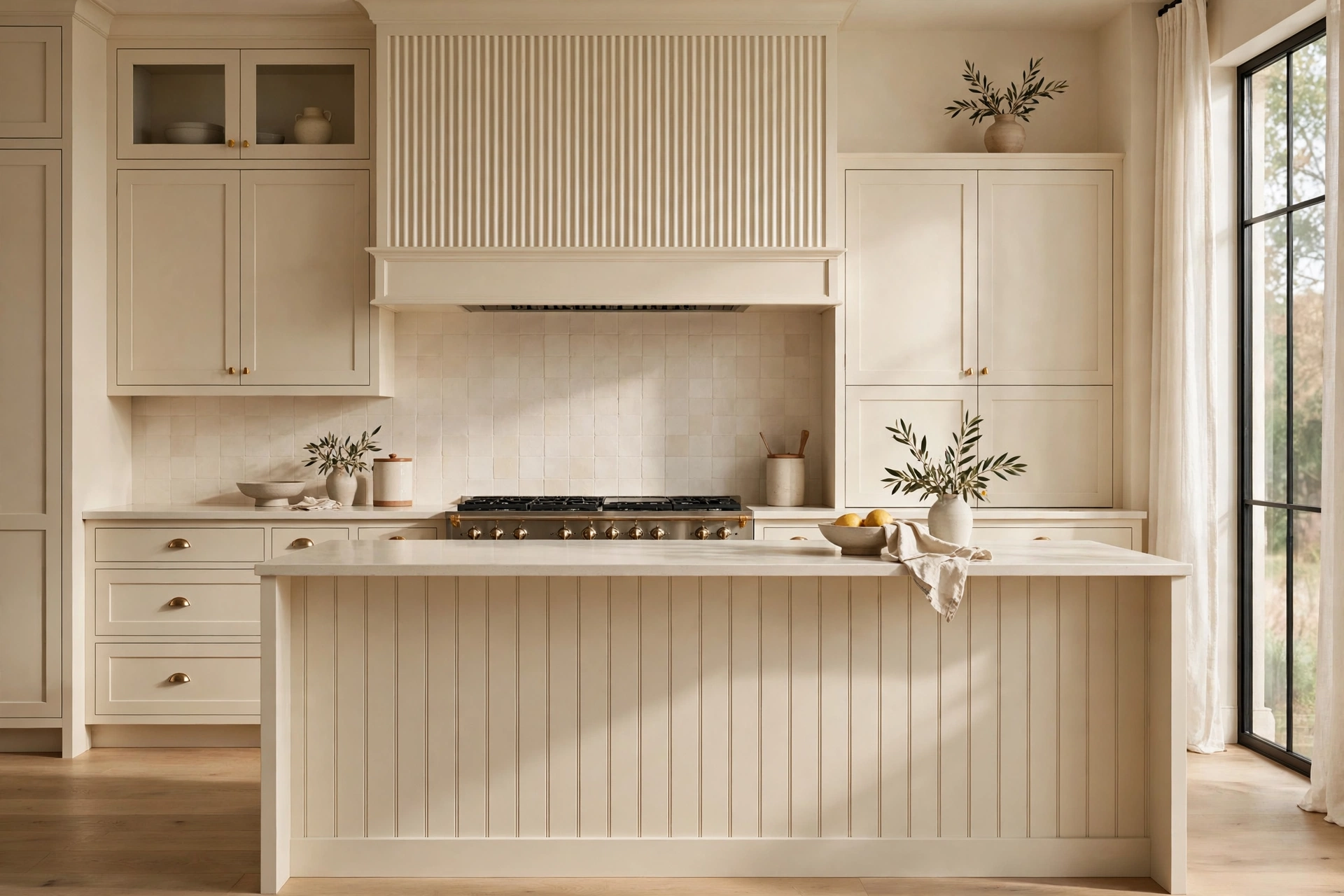 Cream kitchen ideas: beadboard and fluted panel texture details on a cream kitchen island