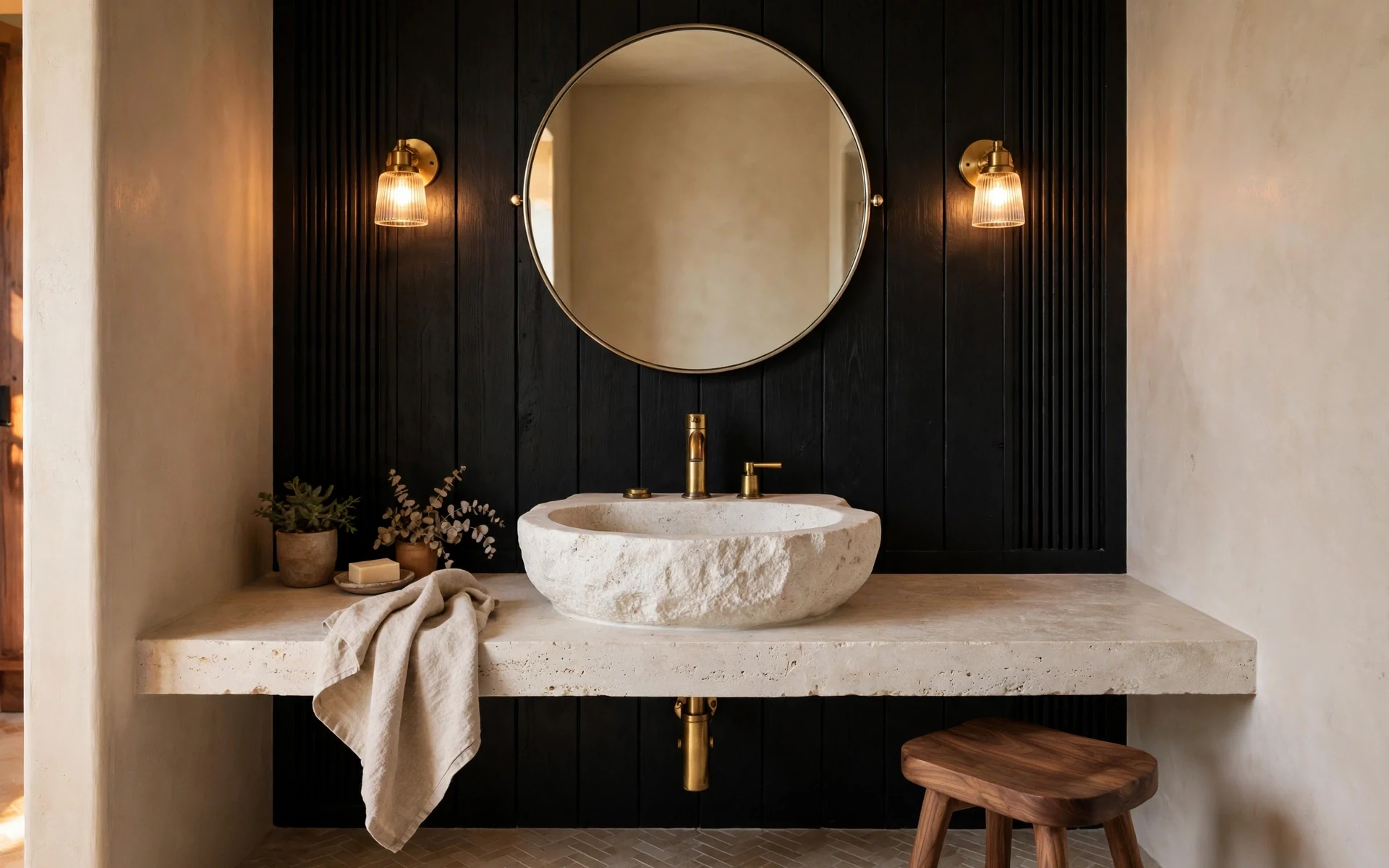 Black accent wall ideas in a small powder room with a round mirror and white stone sink