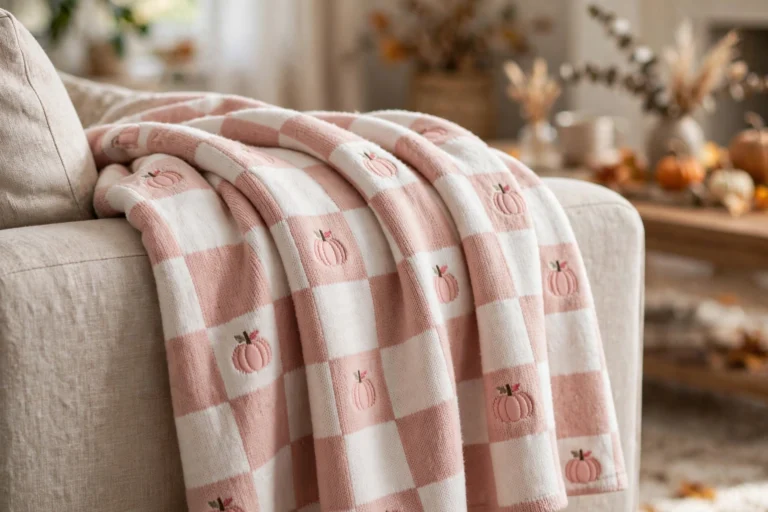 Pink pumpkin throw blanket with checkered pattern draped over a sofa