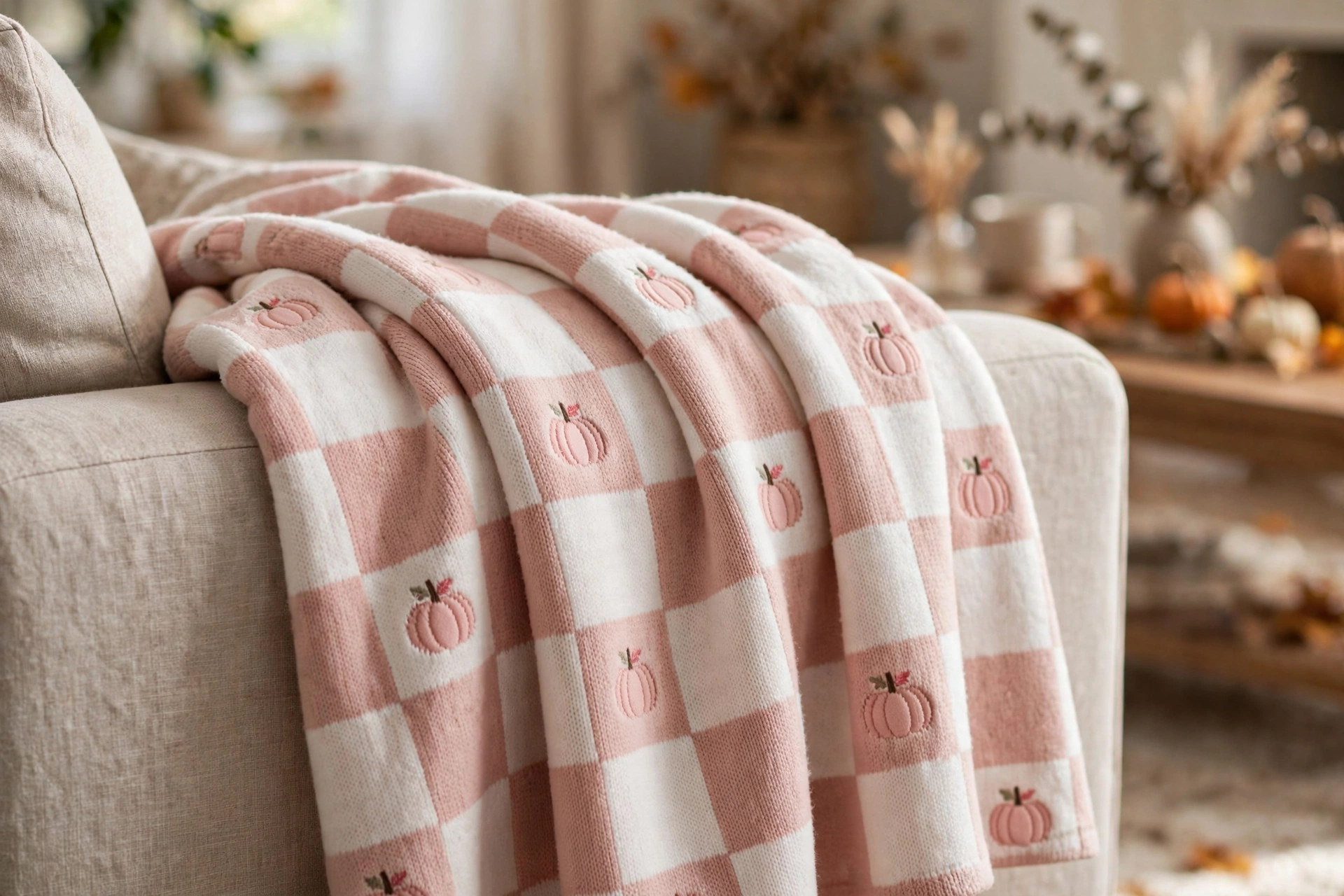 Pink pumpkin throw blanket with checkered pattern draped over a sofa