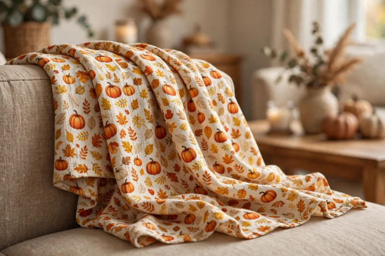 Pumpkin leaf throw blanket with autumn pumpkin and leaf pattern on a couch