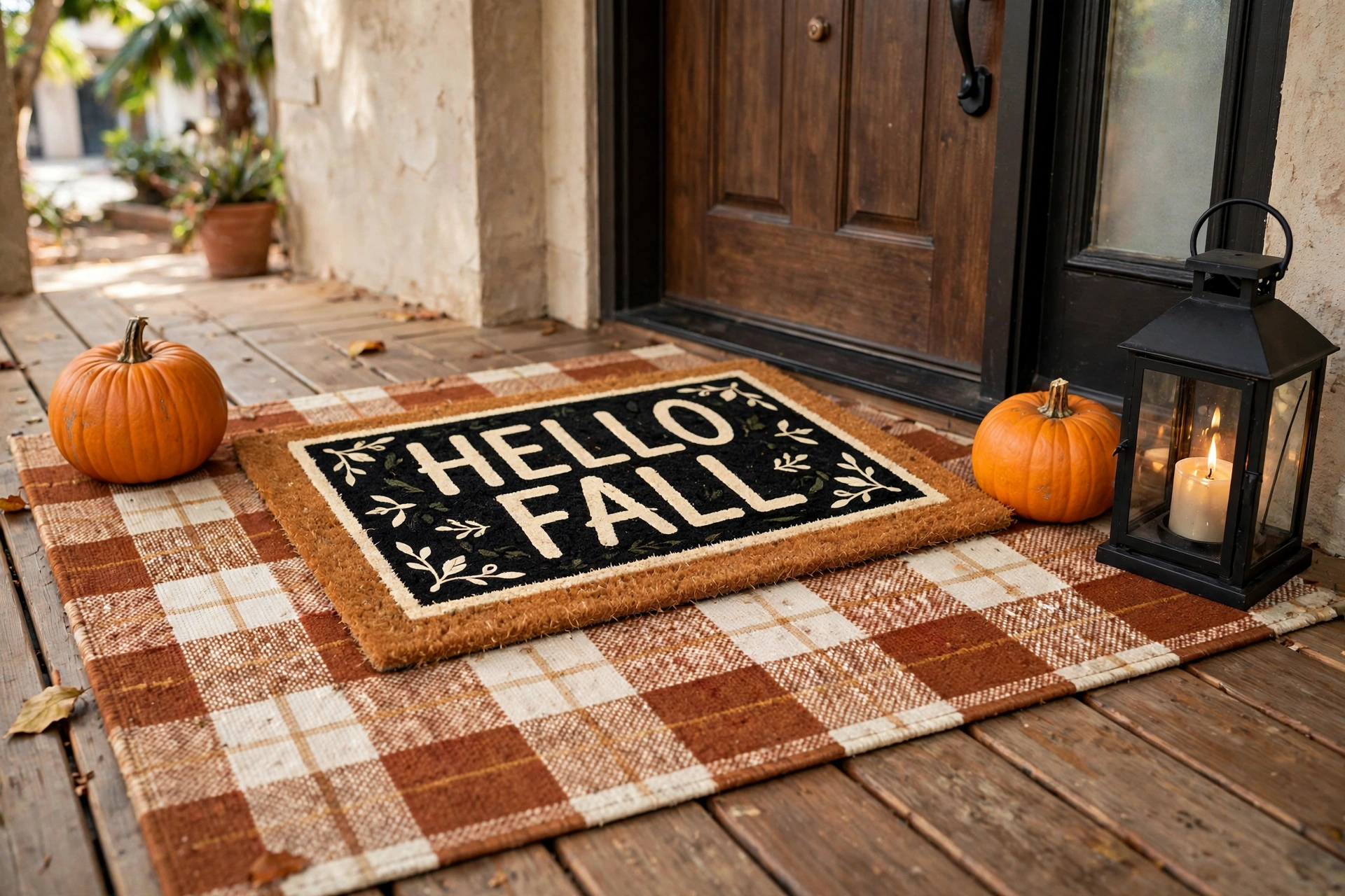 Layered fall doormats with plaid rug and pumpkins — outdoor fall decor ideas