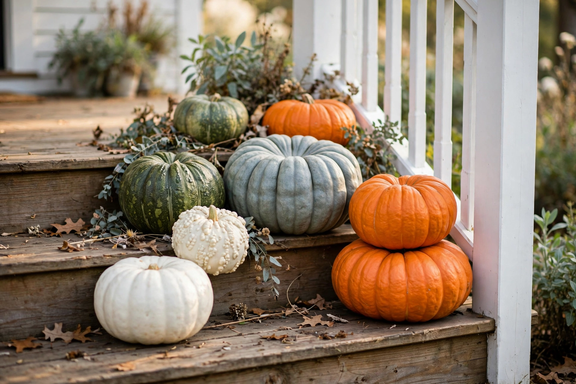 Heirloom pumpkins in mixed colors on porch steps — outdoor fall decor ideas