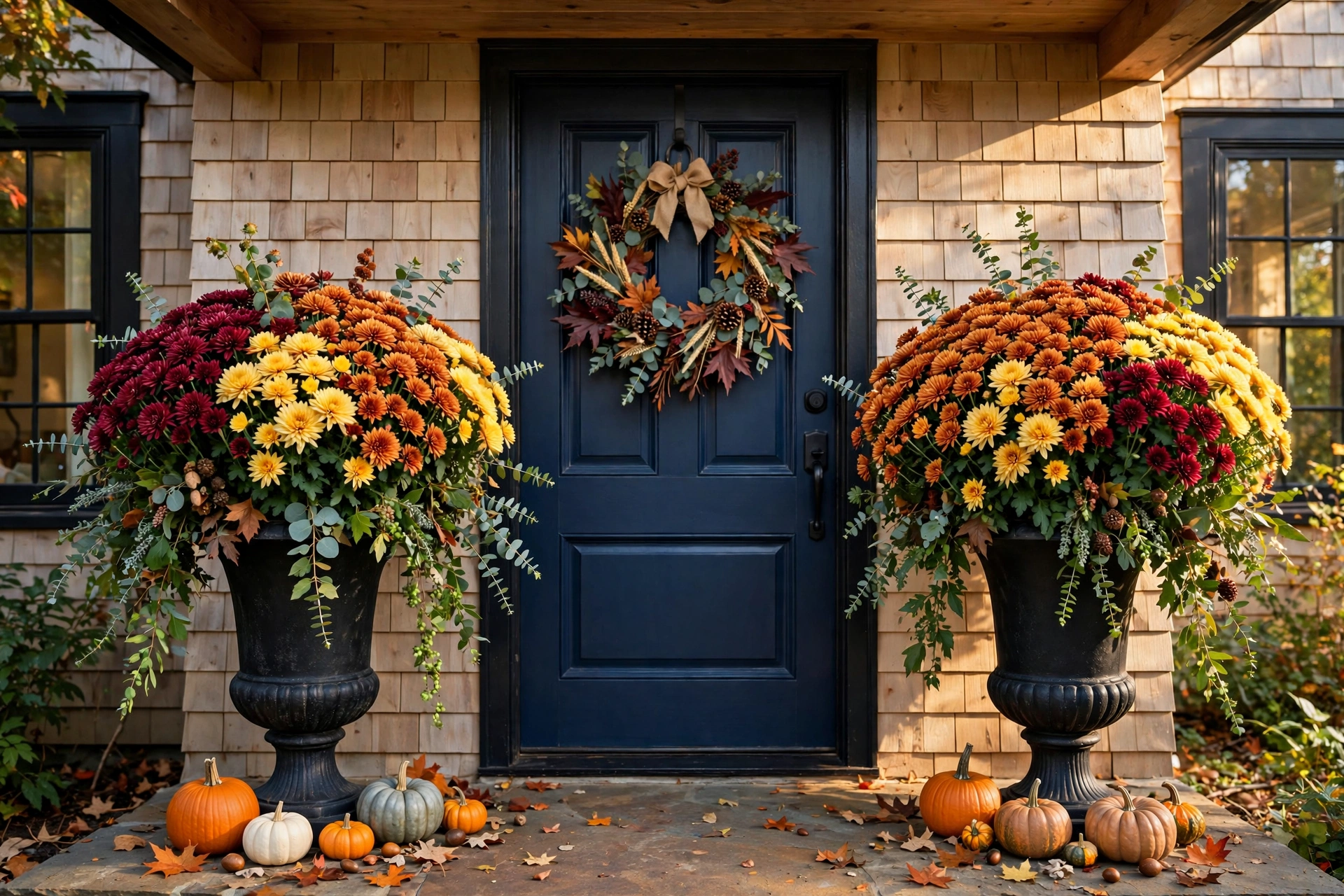 Planters of burgundy, gold, and rust mums by a door — outdoor fall decor ideas