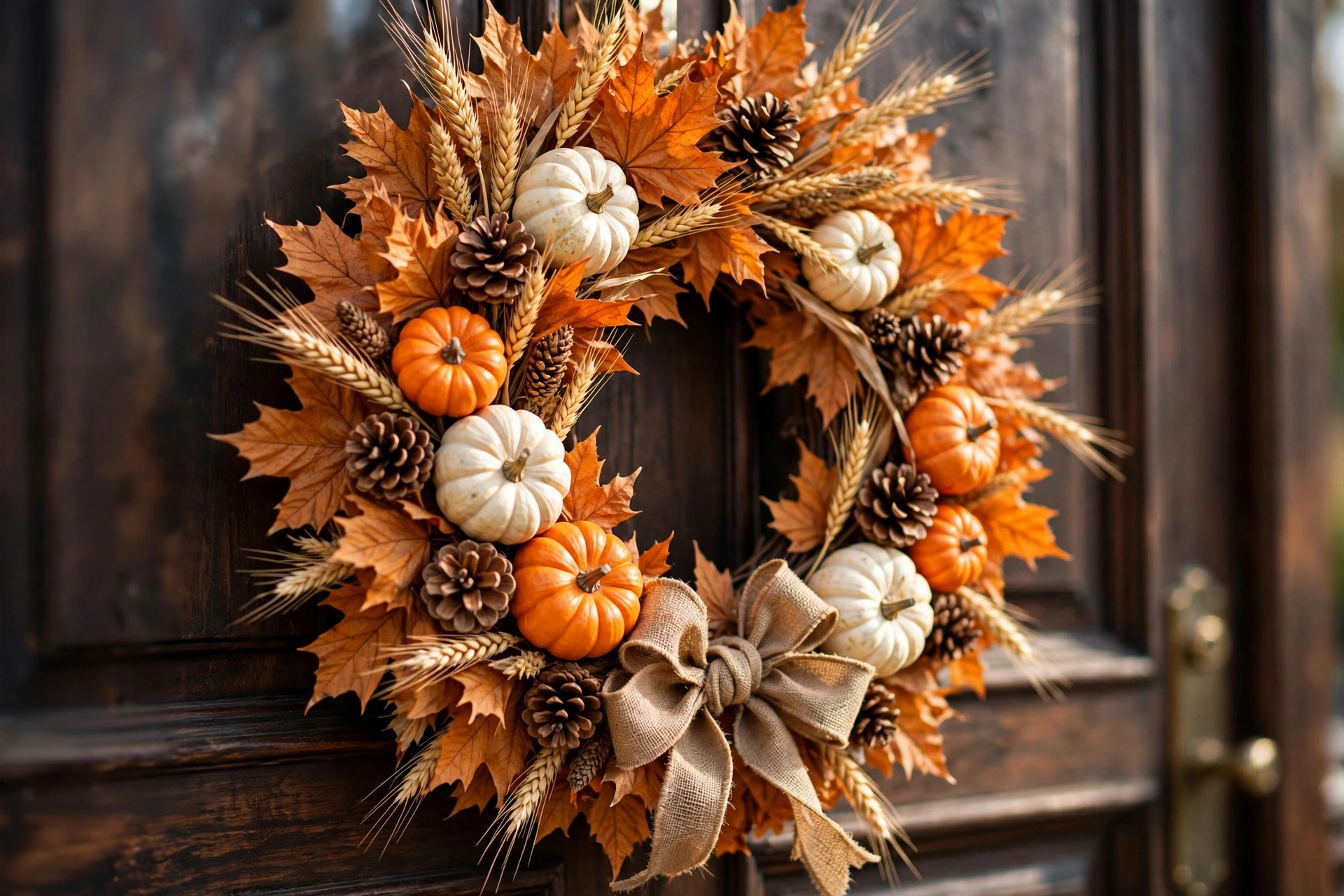 Autumn wreath with maple leaves and mini pumpkins — outdoor fall decor ideas