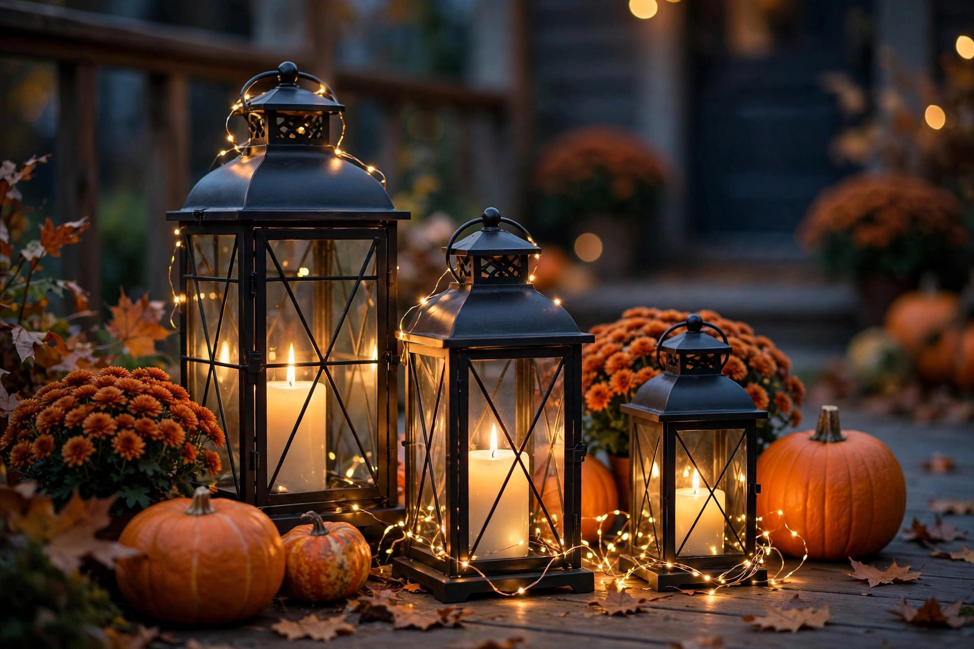 Glowing lanterns with candles on a fall porch — outdoor fall decor ideas
