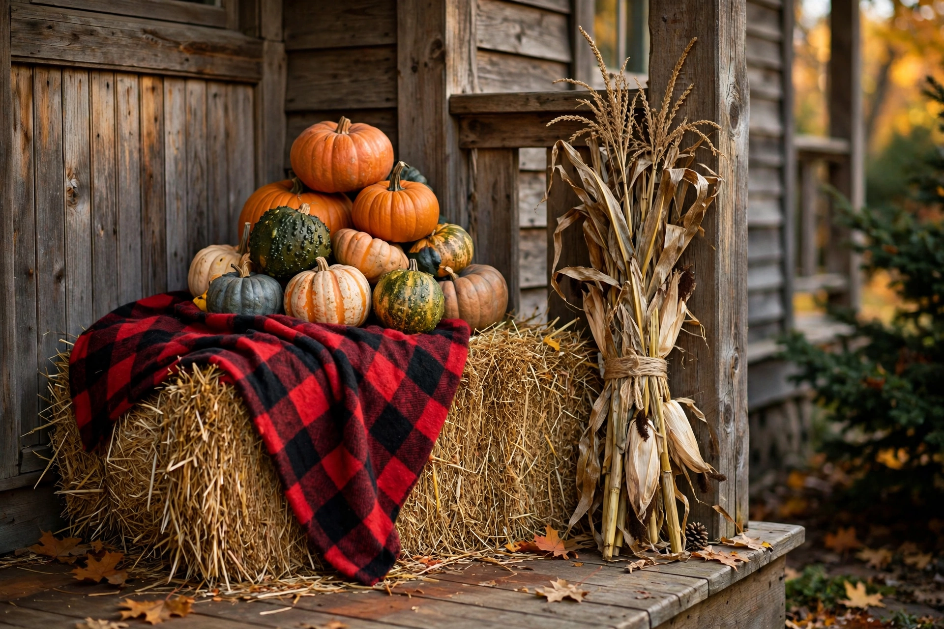 Hay bale with pumpkins and corn stalks — outdoor fall decor ideas