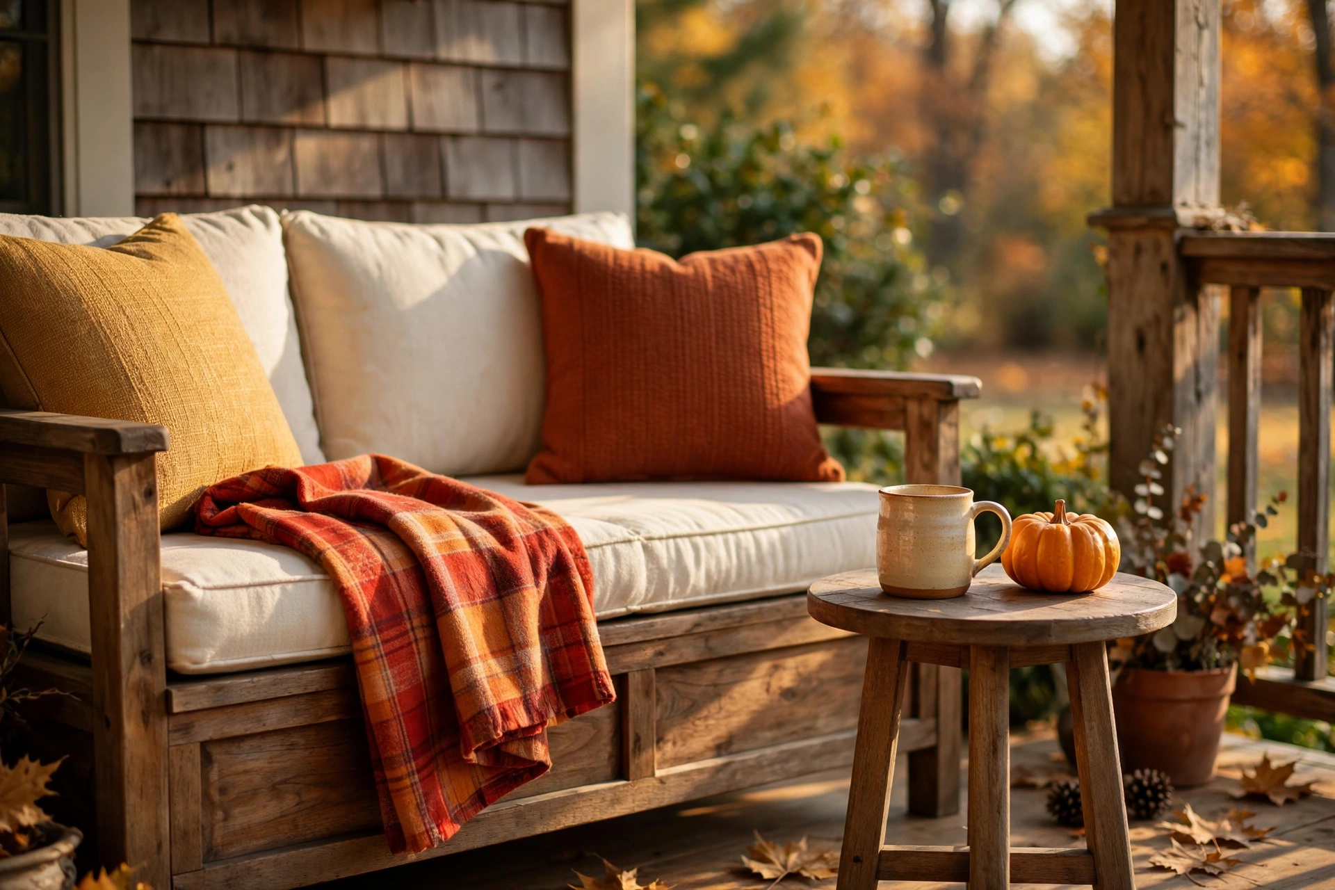 Bench with plaid throw and fall pillows — outdoor fall decor ideas