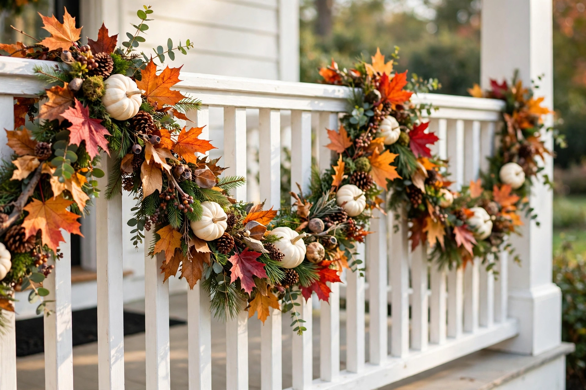 Autumn leaf garland swagged on a porch railing — outdoor fall decor ideas