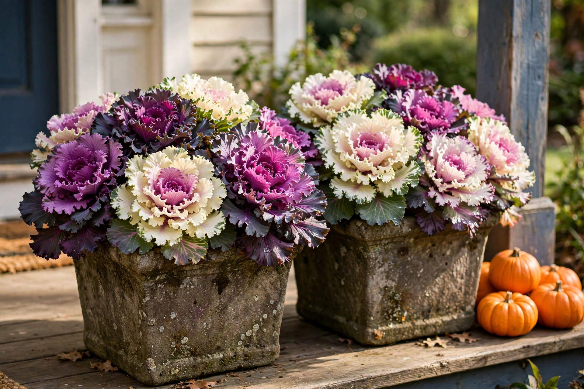 Ornamental kale in purple and cream in planters — outdoor fall decor ideas