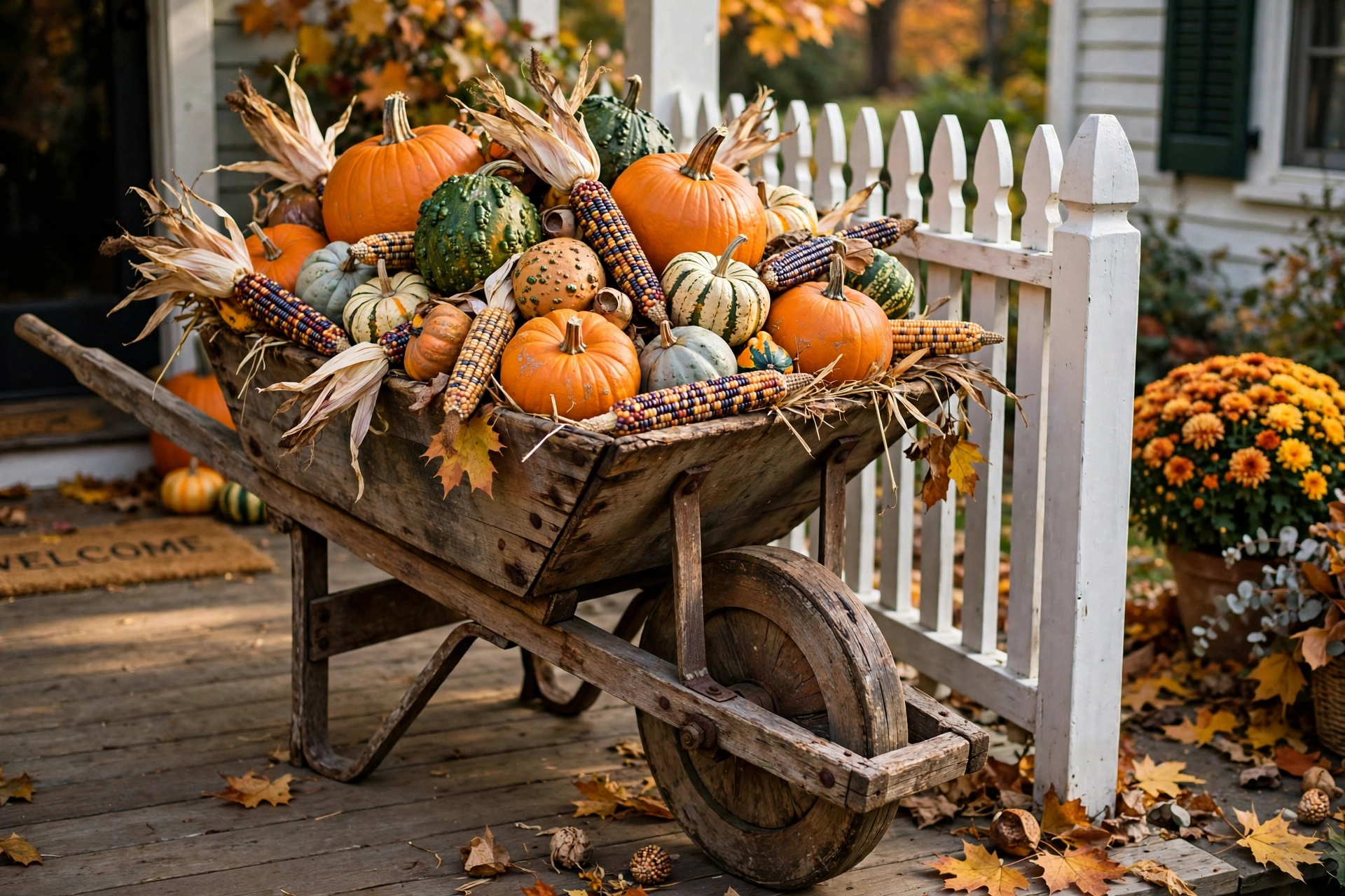 Wheelbarrow overflowing with pumpkins and gourds — outdoor fall decor ideas