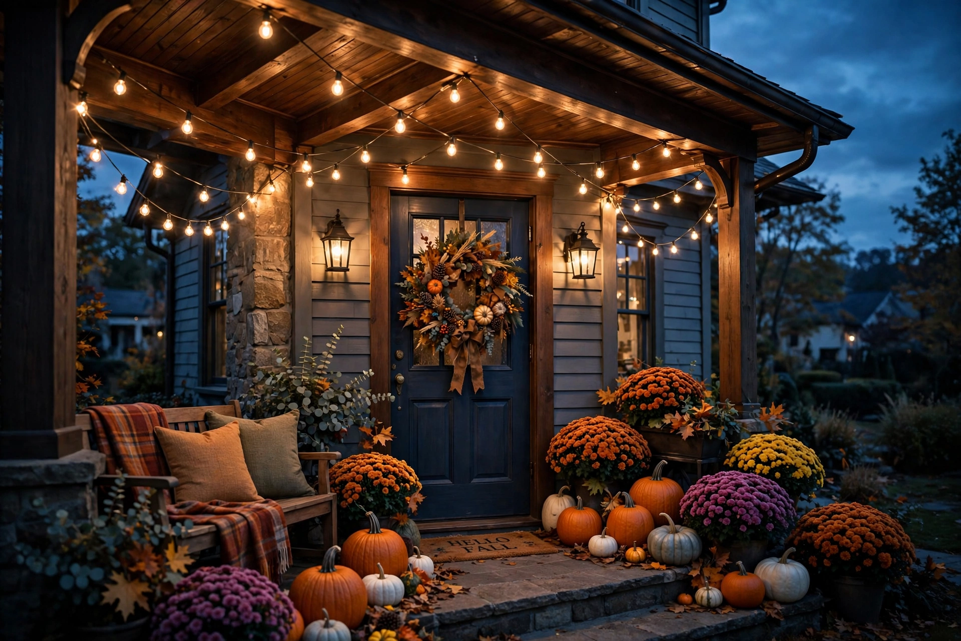Warm string lights glowing over a fall porch — outdoor fall decor ideas