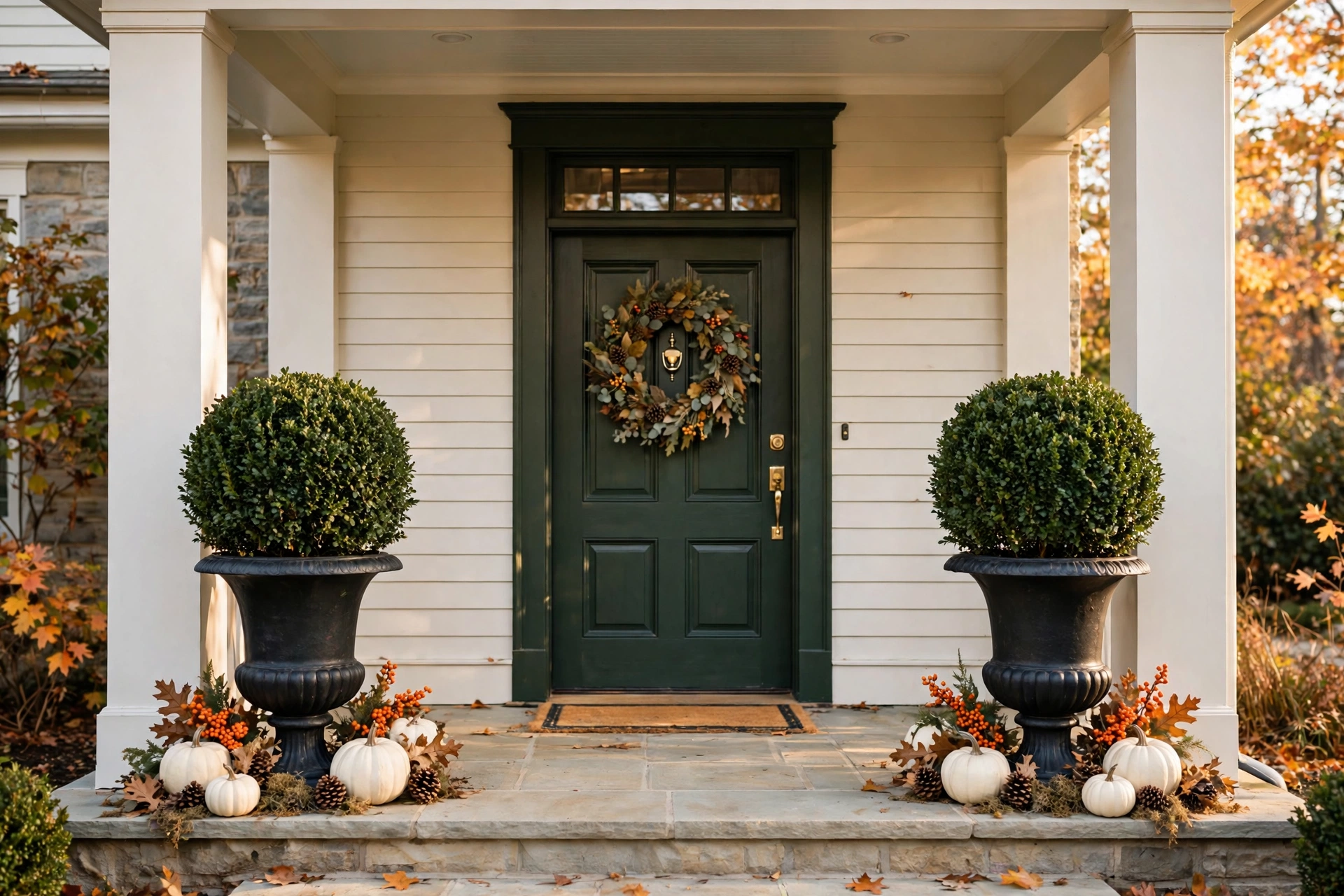 Topiary urns dressed with white pumpkins and berries — outdoor fall decor ideas