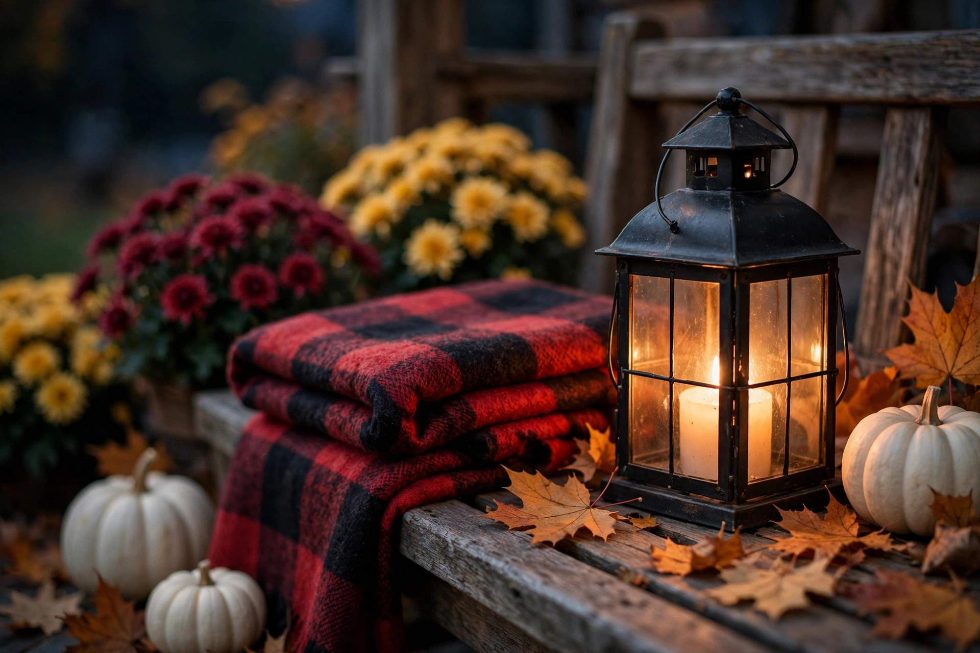 Close-up of fall porch details: glowing lantern, plaid wool textile, and mum petals — outdoor fall decor ideas