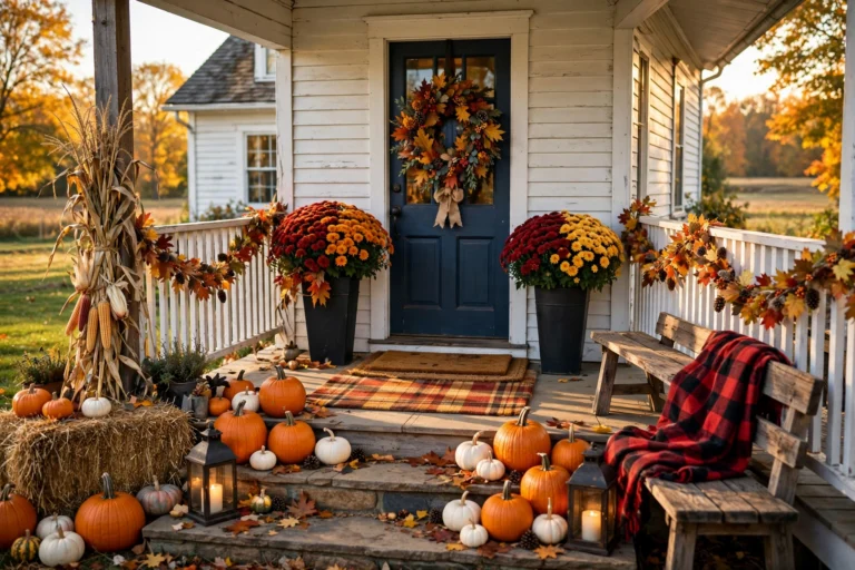 Fall porch with pumpkins, mums, wreath, and lanterns — outdoor fall decor ideas