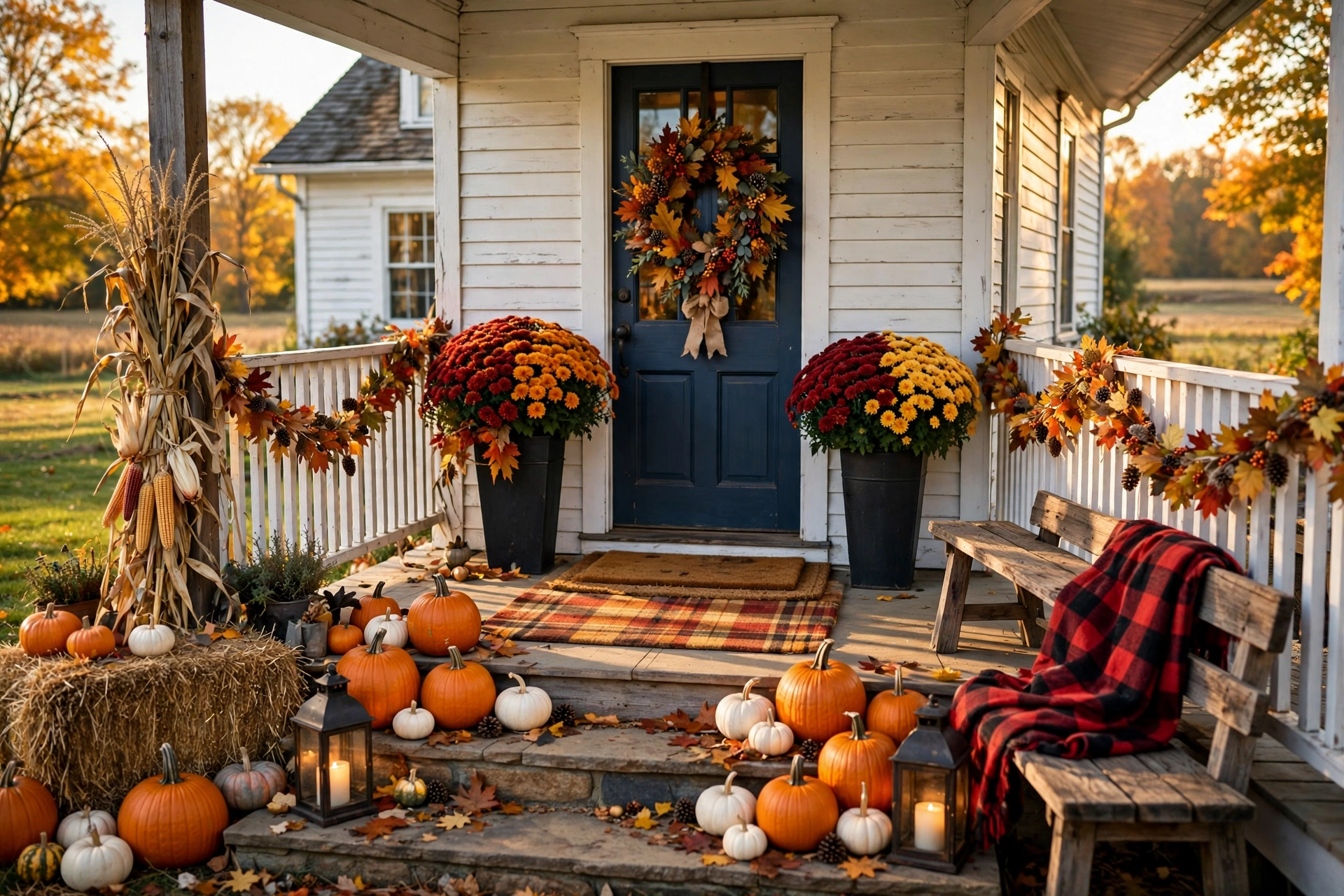 Fall porch with pumpkins, mums, wreath, and lanterns — outdoor fall decor ideas