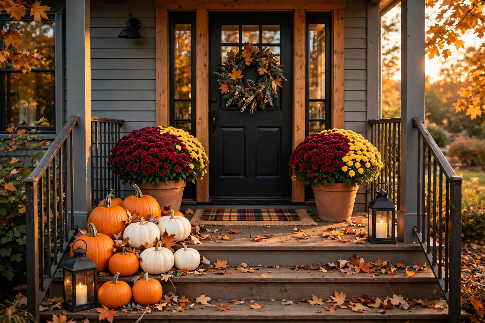 Welcoming front porch with pumpkin clusters, glowing lanterns, mums, and a layered doormat — outdoor fall decor ideas