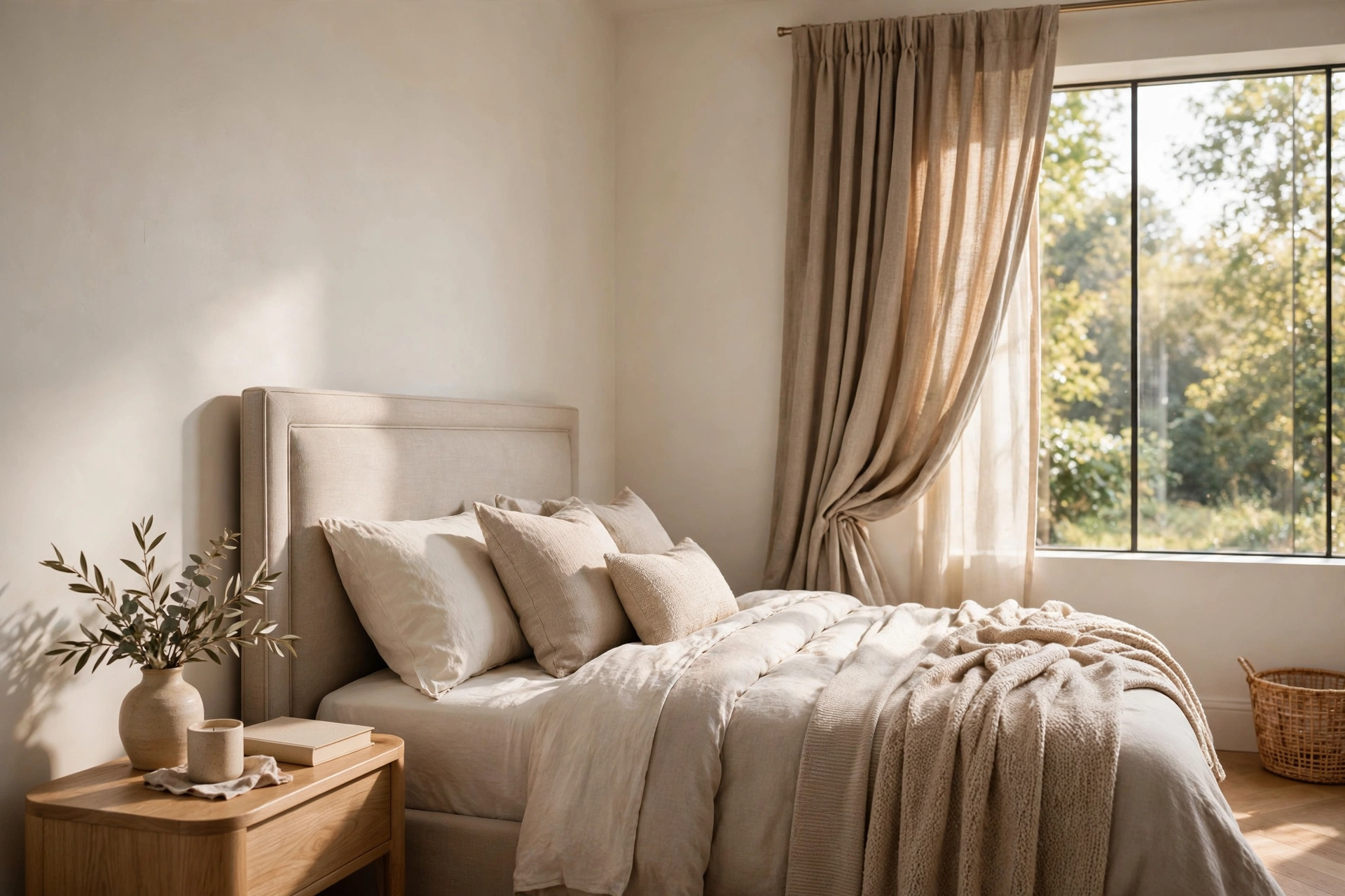 Quiet luxury bedroom ideas in warm neutrals with oatmeal, sand, and ivory tones