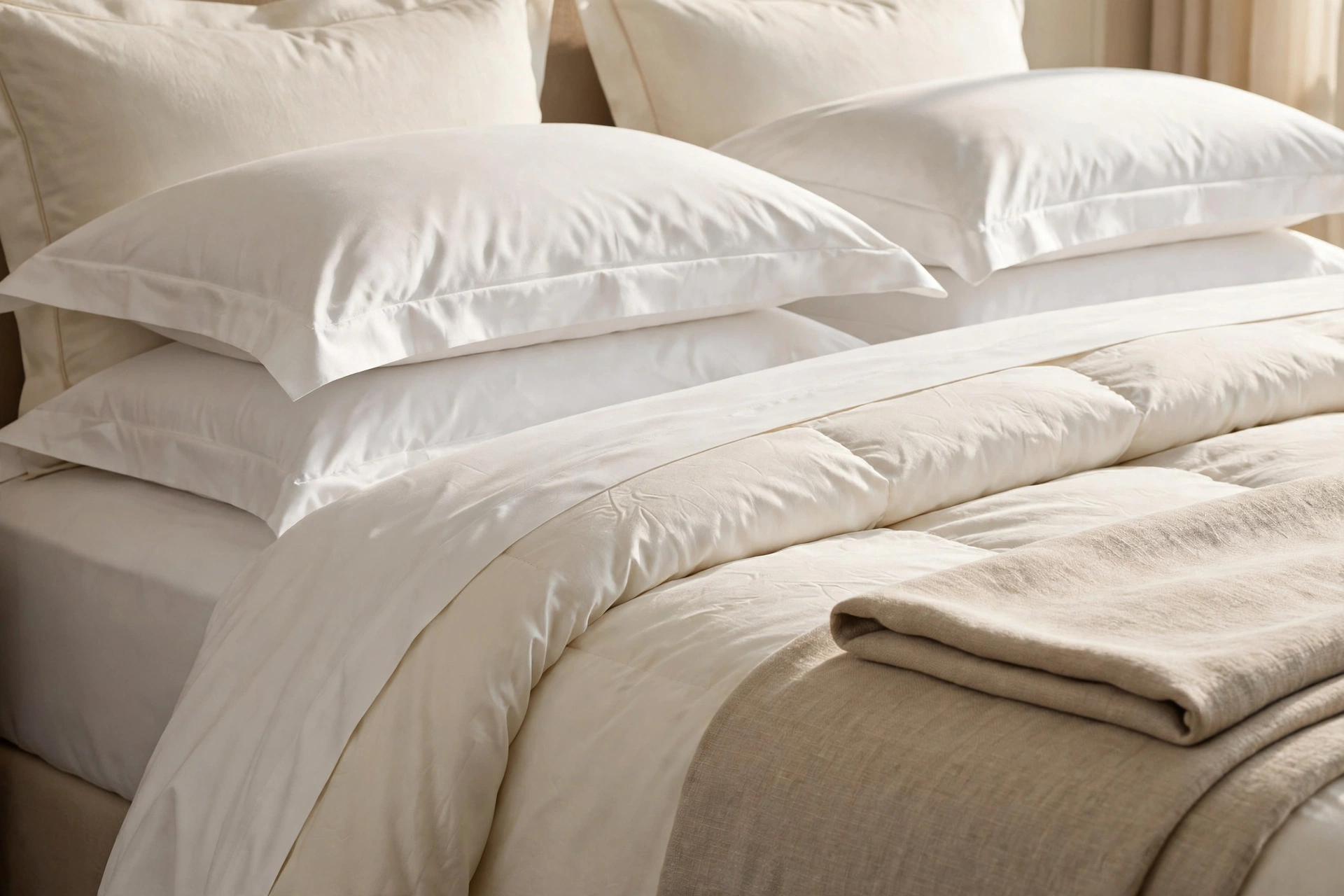 Quiet luxury bedroom ideas bedding with crisp white percale and stacked pillows