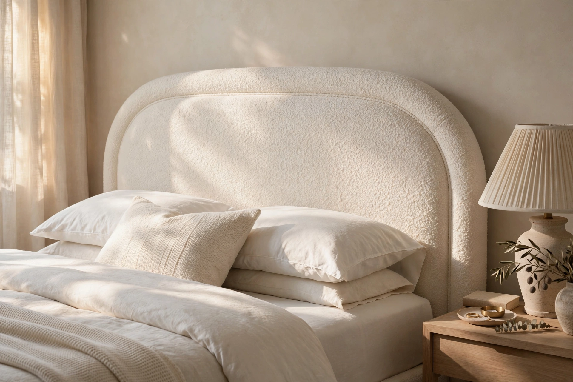 Quiet luxury bedroom ideas headboard with ivory boucle upholstered detail