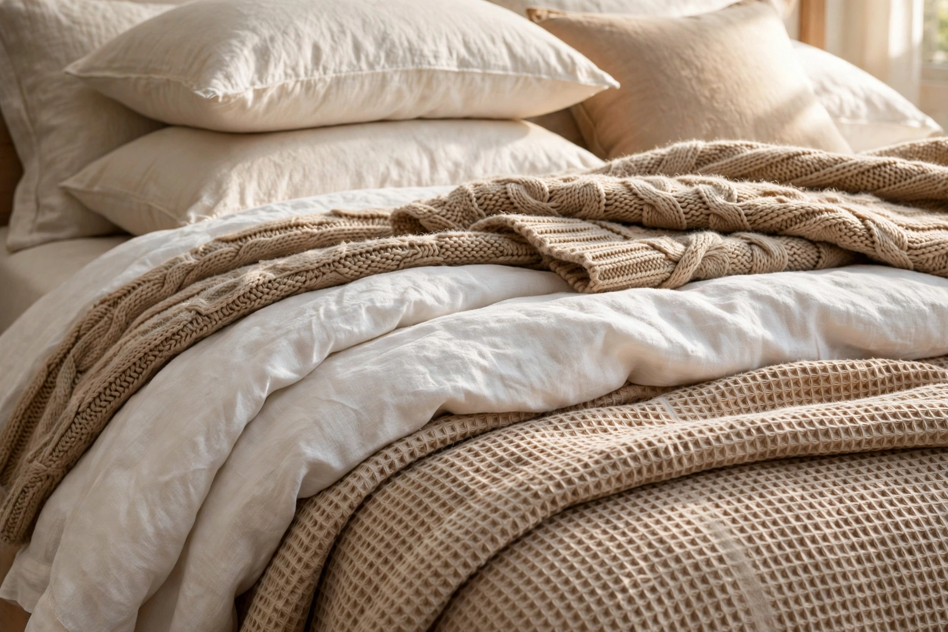 Quiet luxury bedroom ideas layering with linen duvet, knit throw, and coverlet