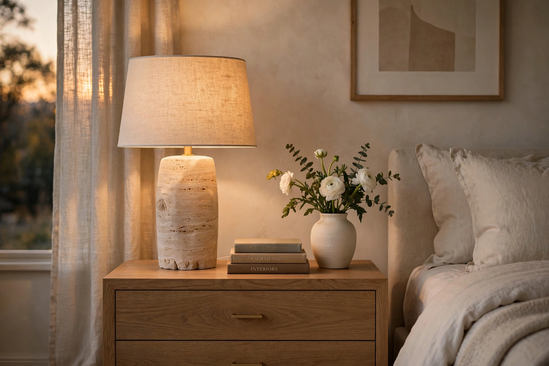Quiet luxury bedroom ideas nightstand with travertine lamp and curated books