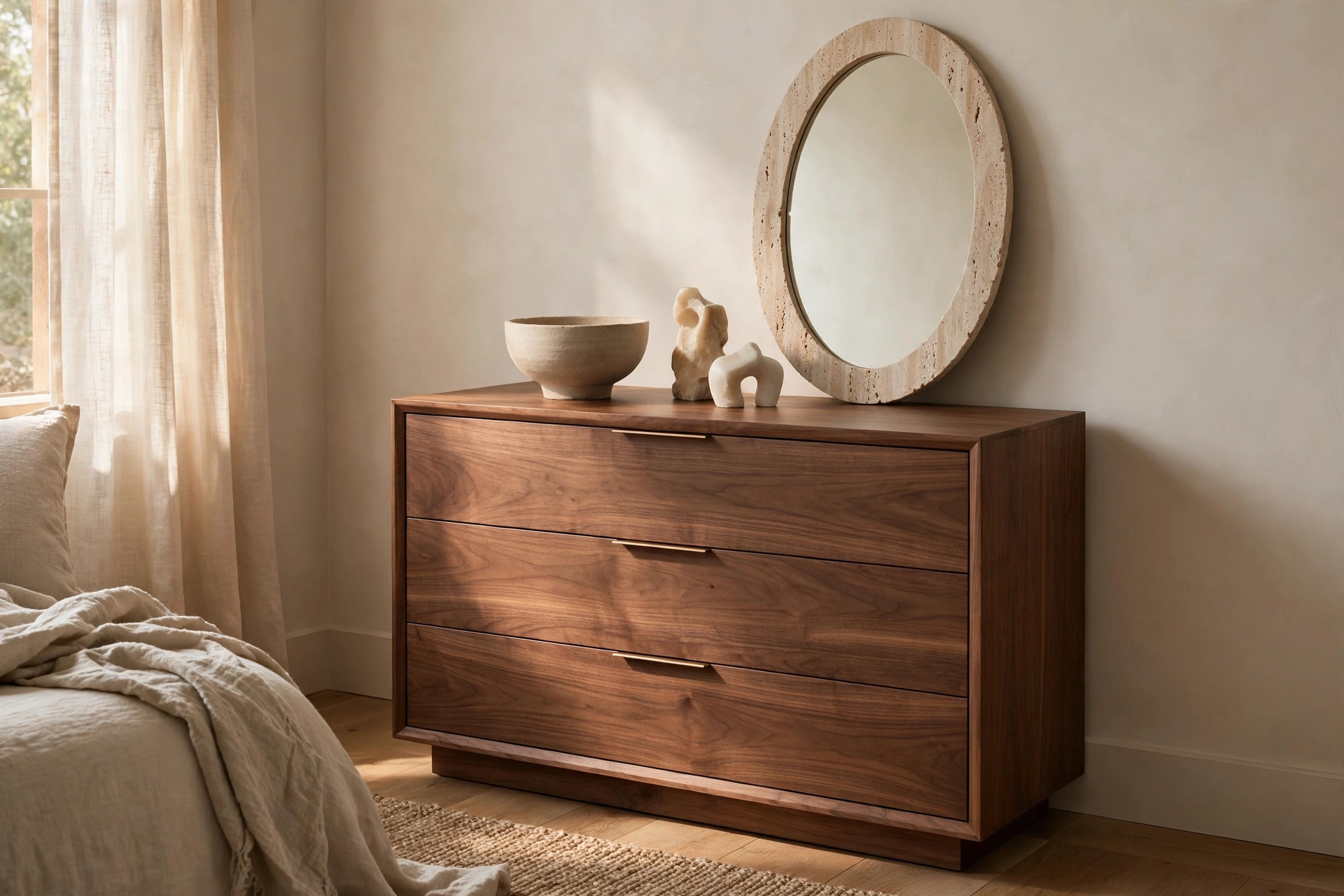 Quiet luxury bedroom ideas wood tones with a walnut dresser and minimal styling